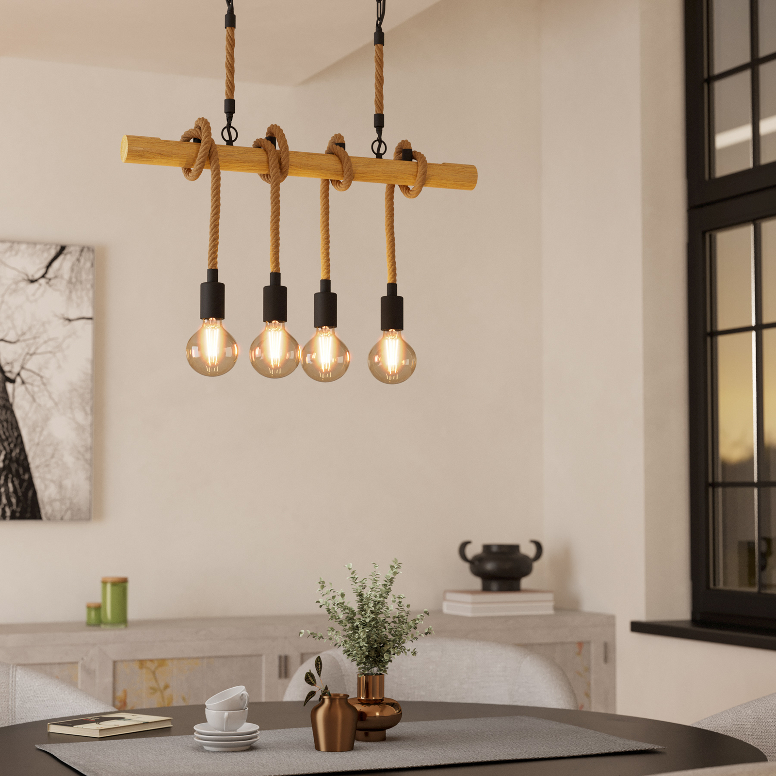 Youngstown hanglamp, lengte 70 cm, zwart/bruin, 4-lamps.