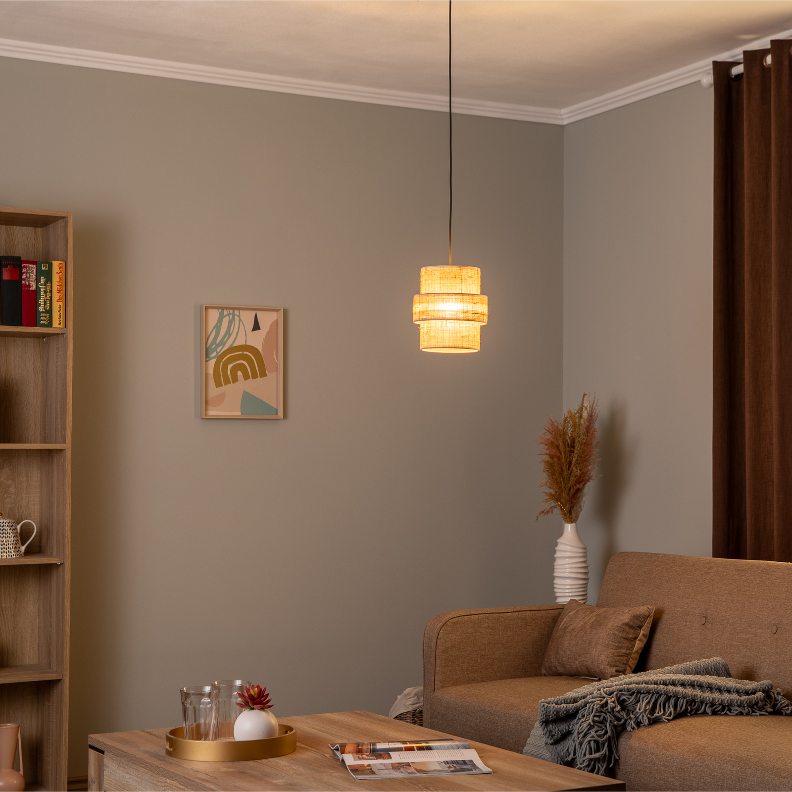 Висяща лампа Calisto, юта, естествено кафяво, единична светлина, Ø 20 cm