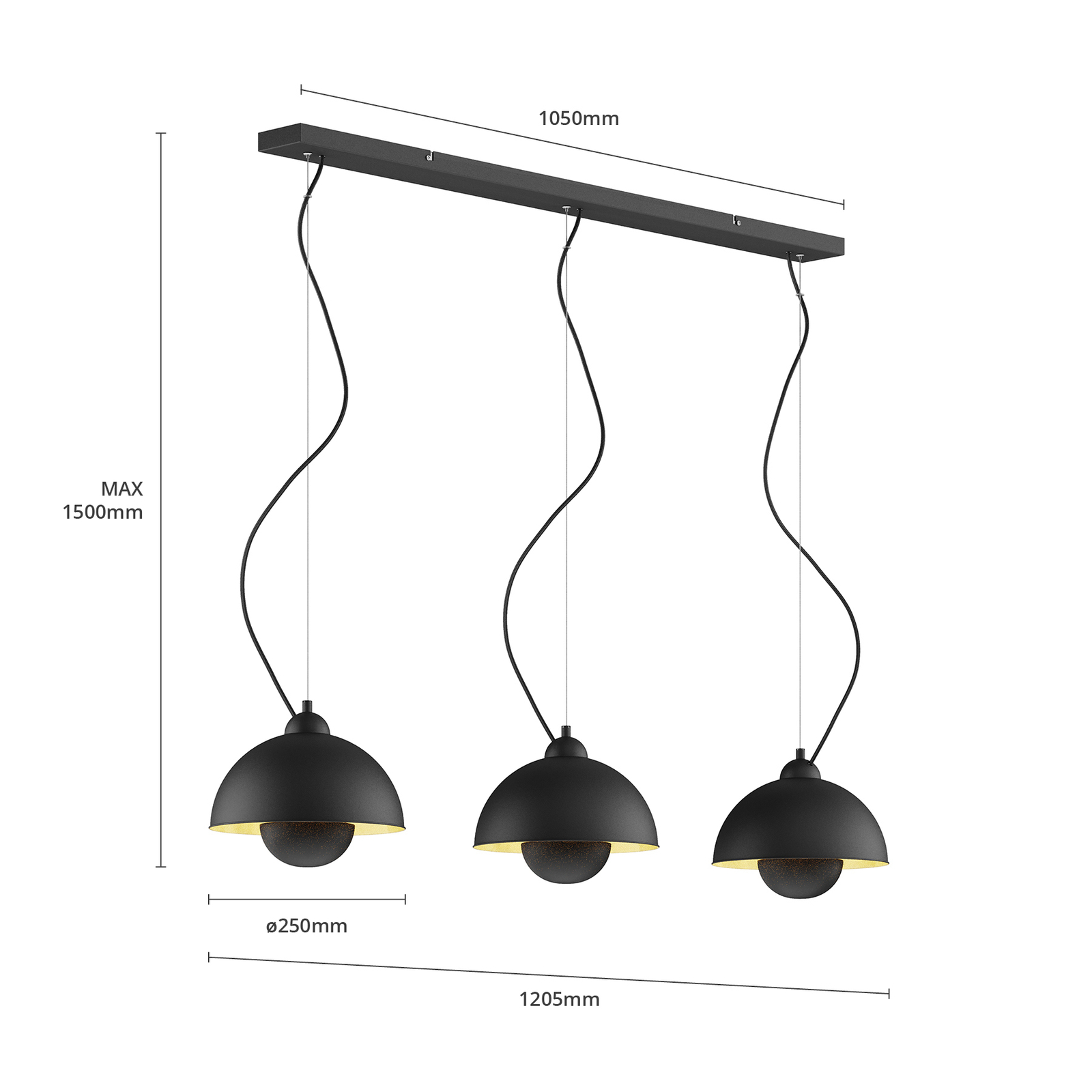 Hanglamp Gretja met drie lampjes, zwart-goud