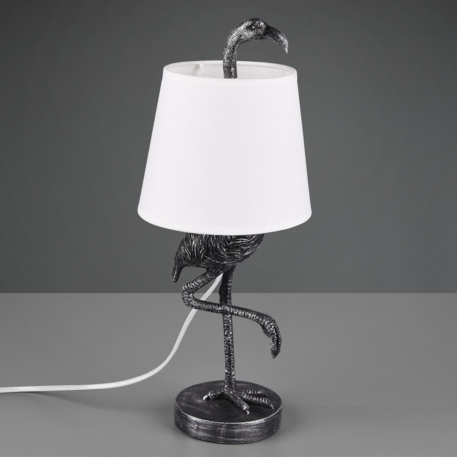 Tafellamp Lola met flamingo-figuur, zilver/wit