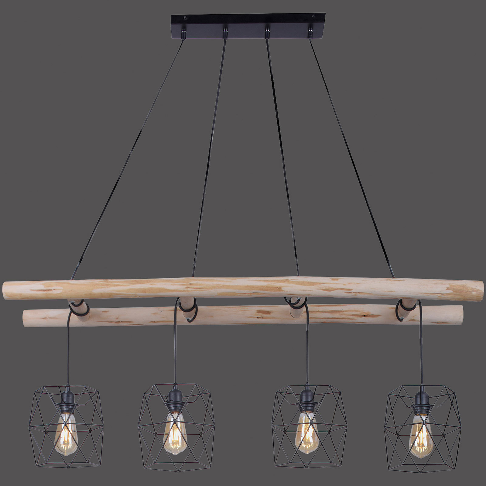 Lesena viseča svetilka Edgar, senčilo v obliki kletke s štirimi lučmi