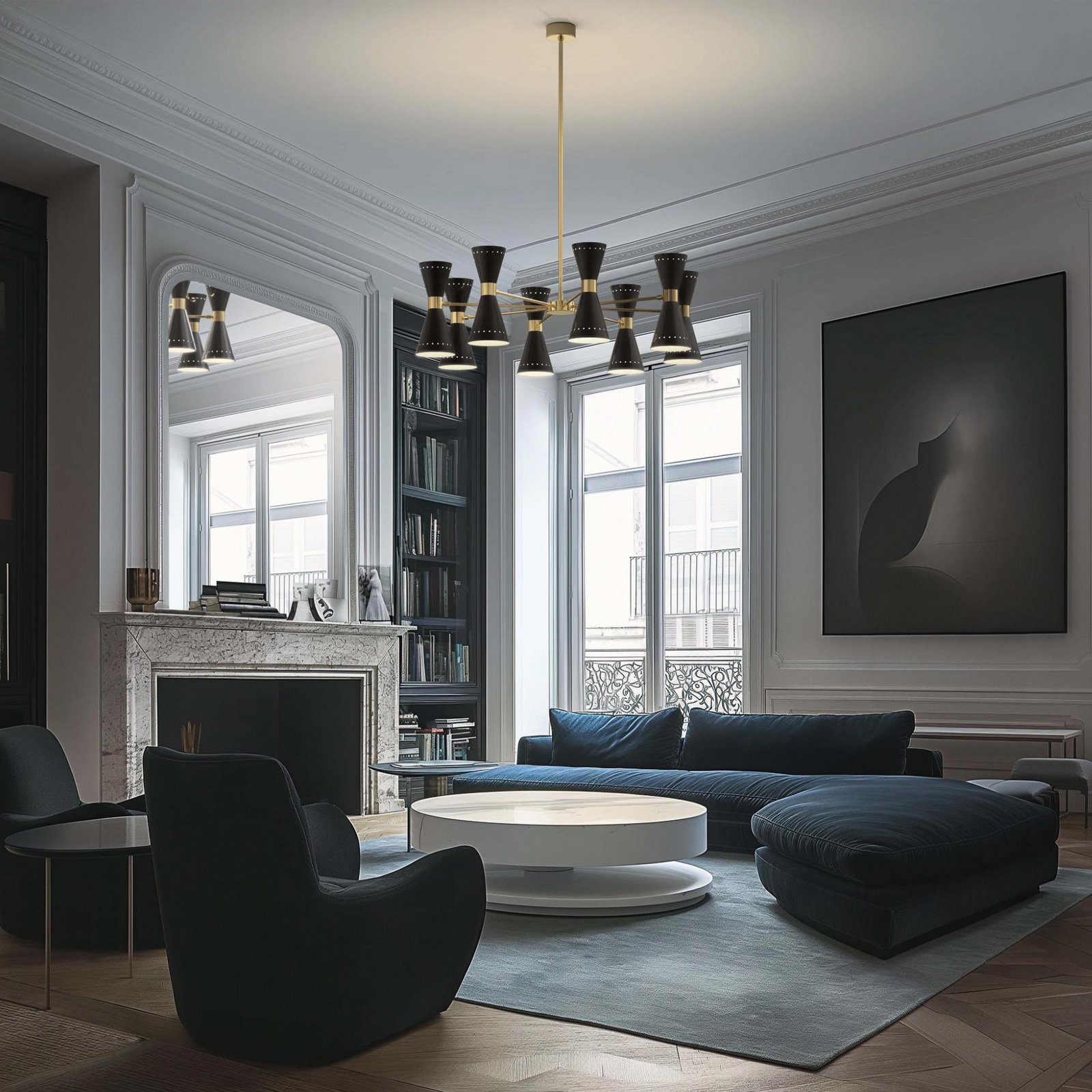 Lampa wisząca Stilnovo Megafono, Ø 100 cm, czarna, 16-światłowa.