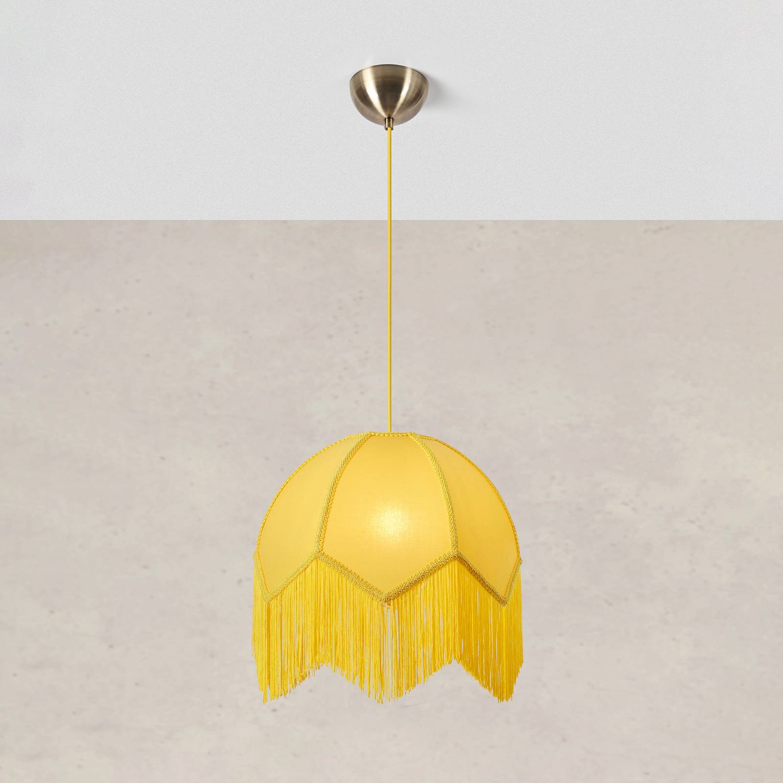 Markslöjd hanglamp Gertrud, geel, stof, Ø 38 cm