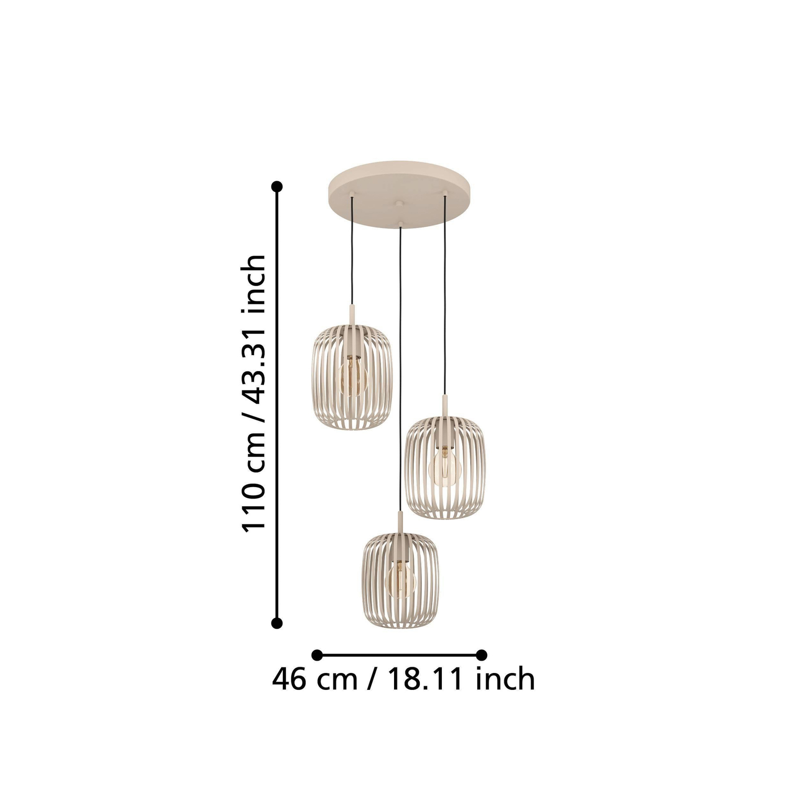 Romazzina hanglamp, Ø 46 cm, zandkleurig, 3-lamps, staal