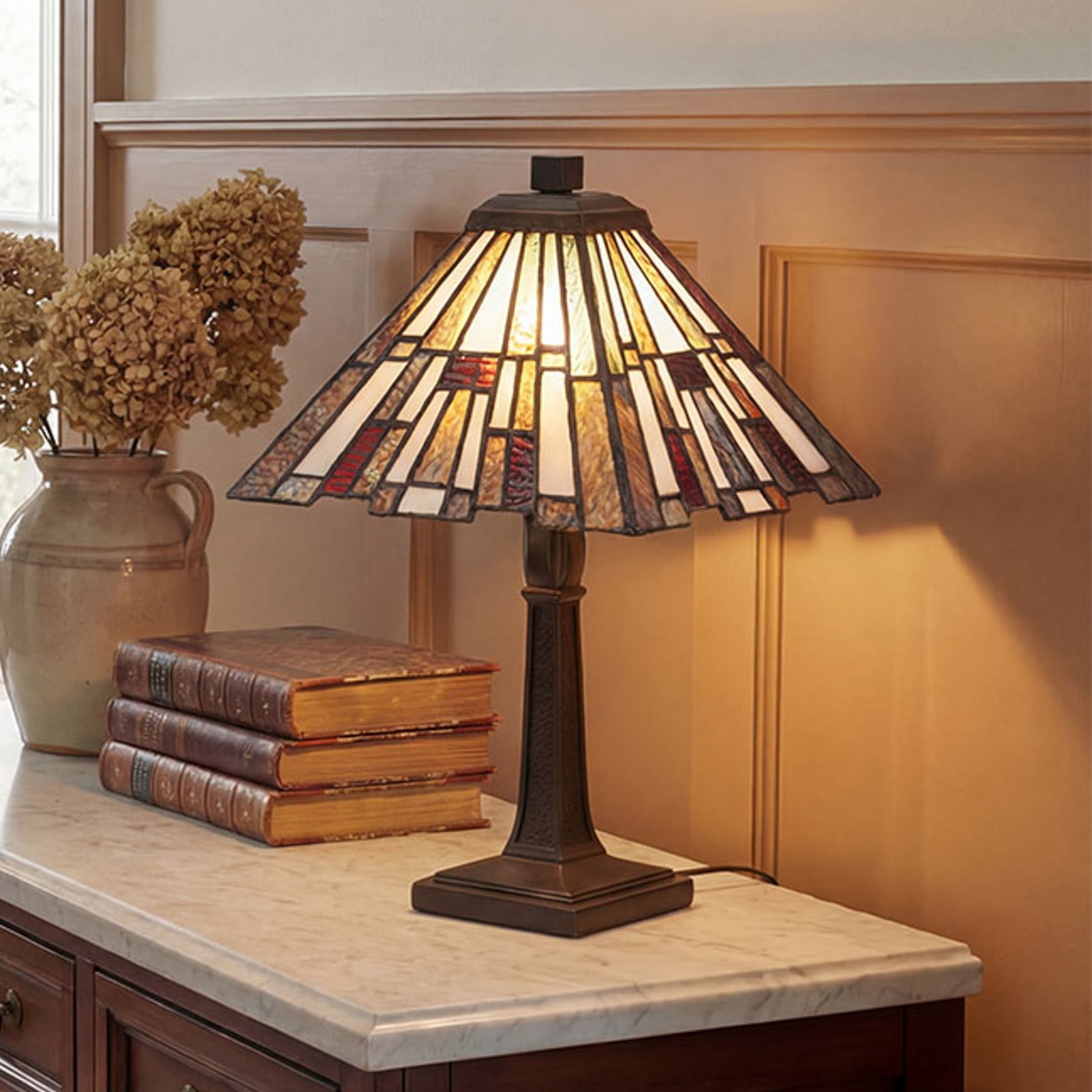 Candeeiro de mesa Inglenook, bronze/colorido, 37 cm, metal/vidro - QUOIZEL Candeeiro de mesa Inglenook, bronze/colorido, 37 cm, metal/vidro - QUOIZEL