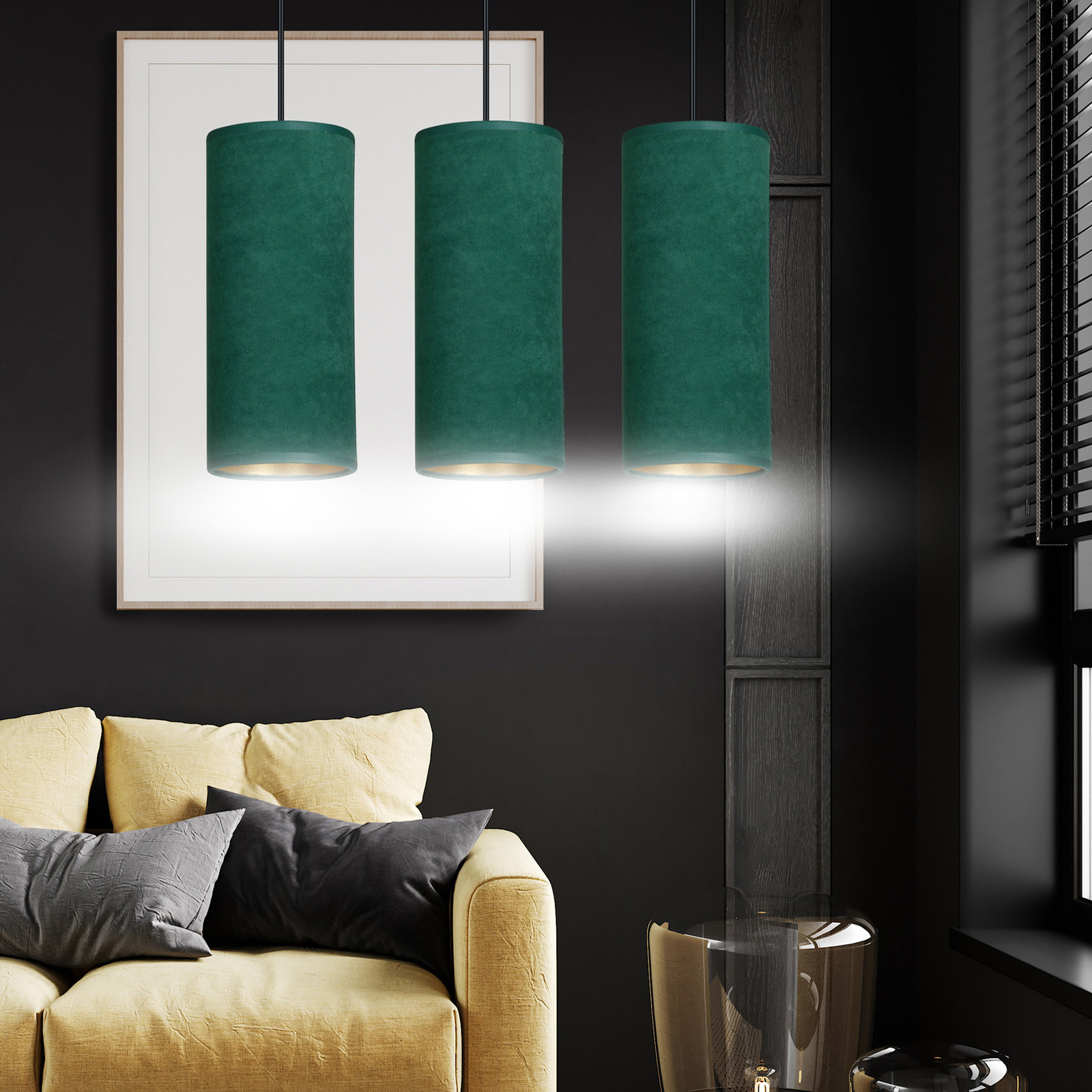 Joni textile pendant light 3-bulb long green-gold