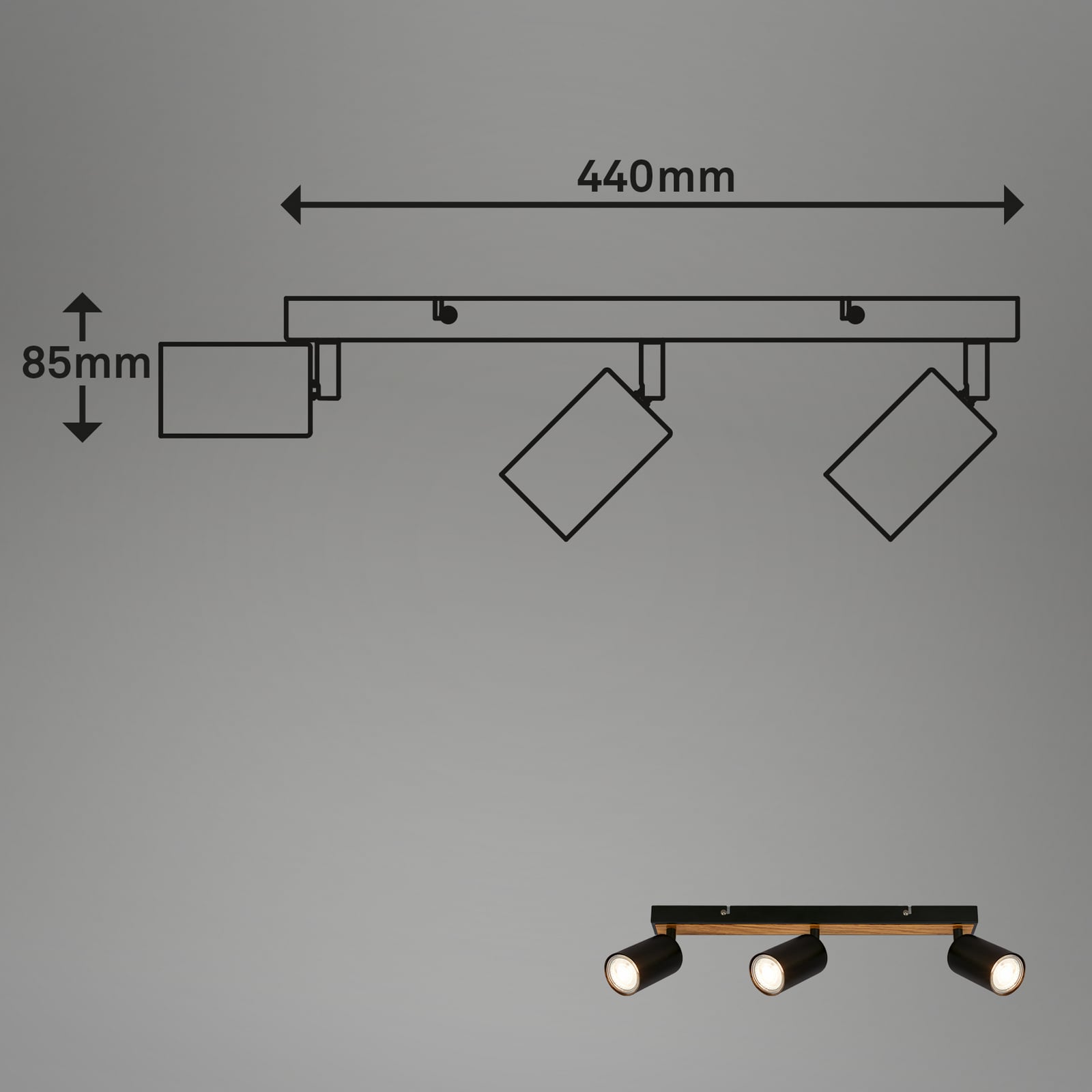 Tib downlight, black/wood, 3-bulb, adjustable, metal