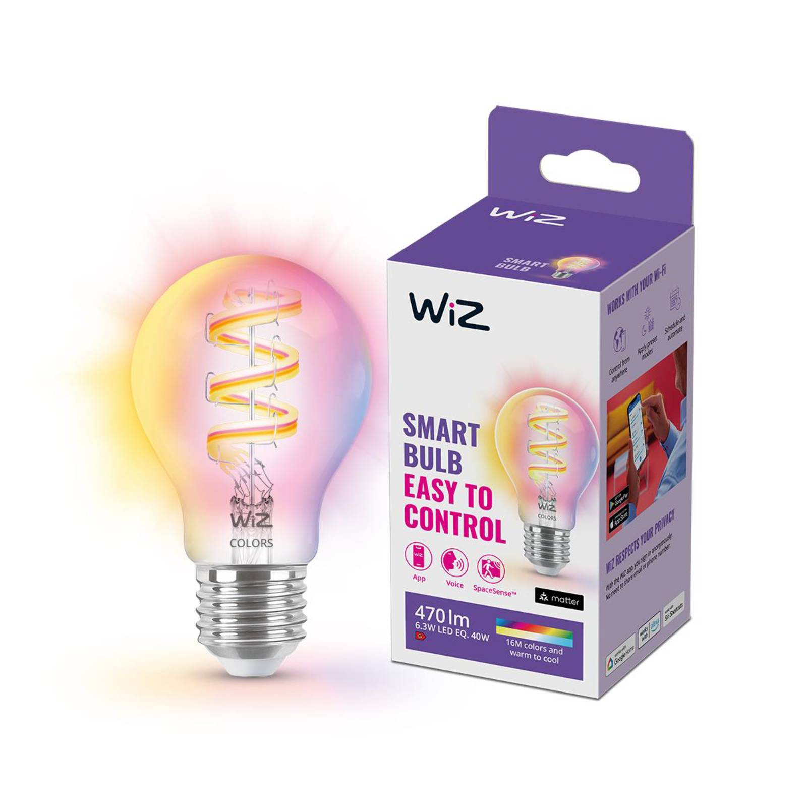 WiZ A60 LED-filamentlampa WiFi E27 6,3W RGBW