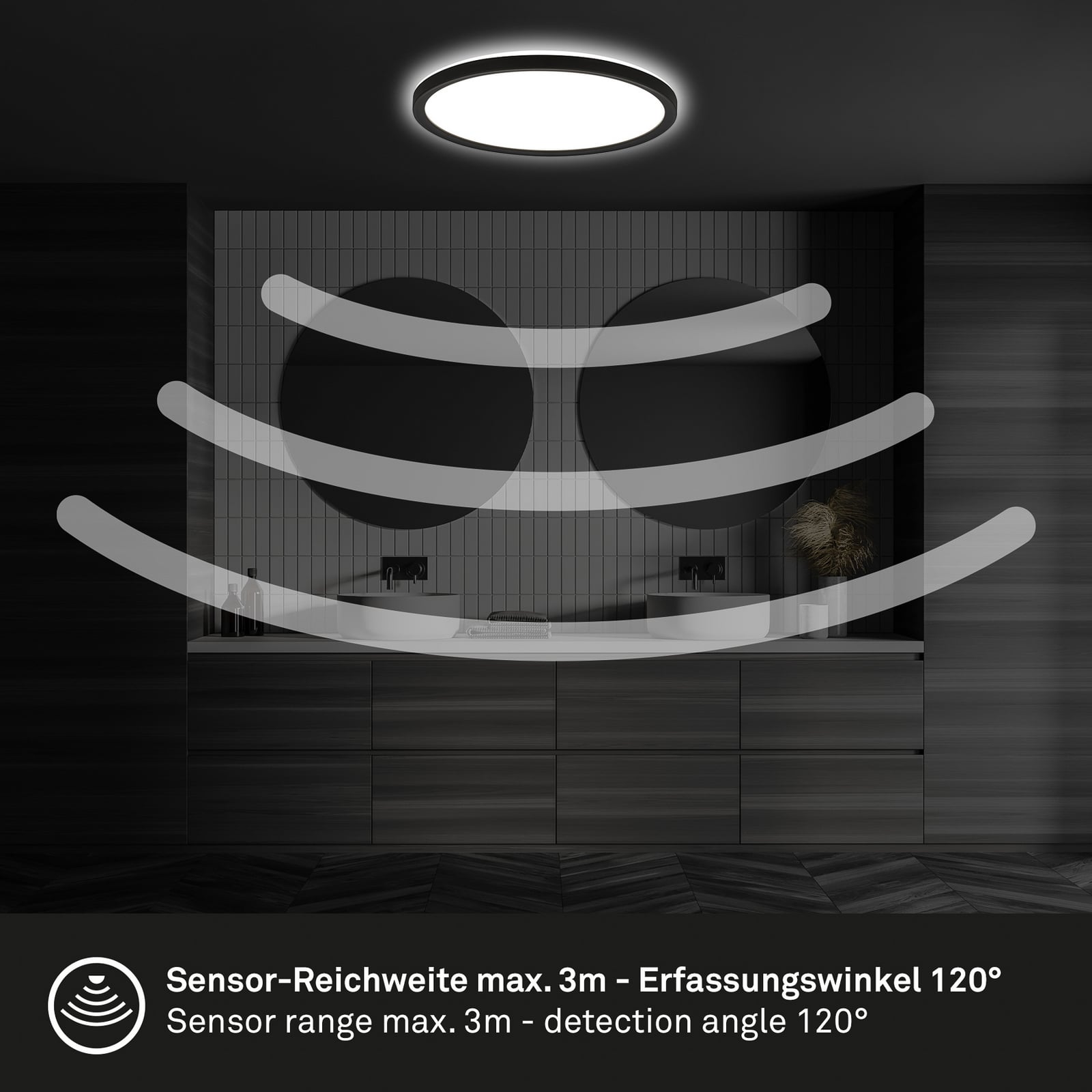 LED lubų šviestuvas „Move Sensor“, juodas, Ø 29 cm, IP44, 4000K
