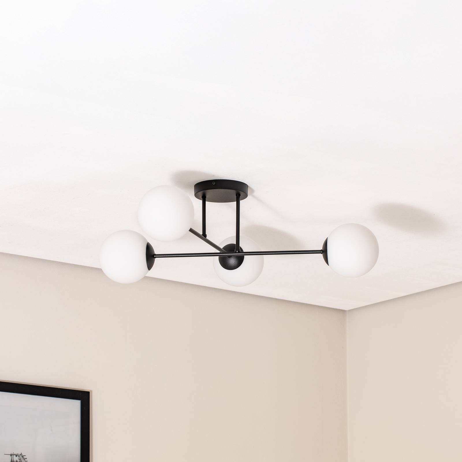 Lampa sufitowa Glassy, 4-punktowa, krzyżowa, czarna/opalowa