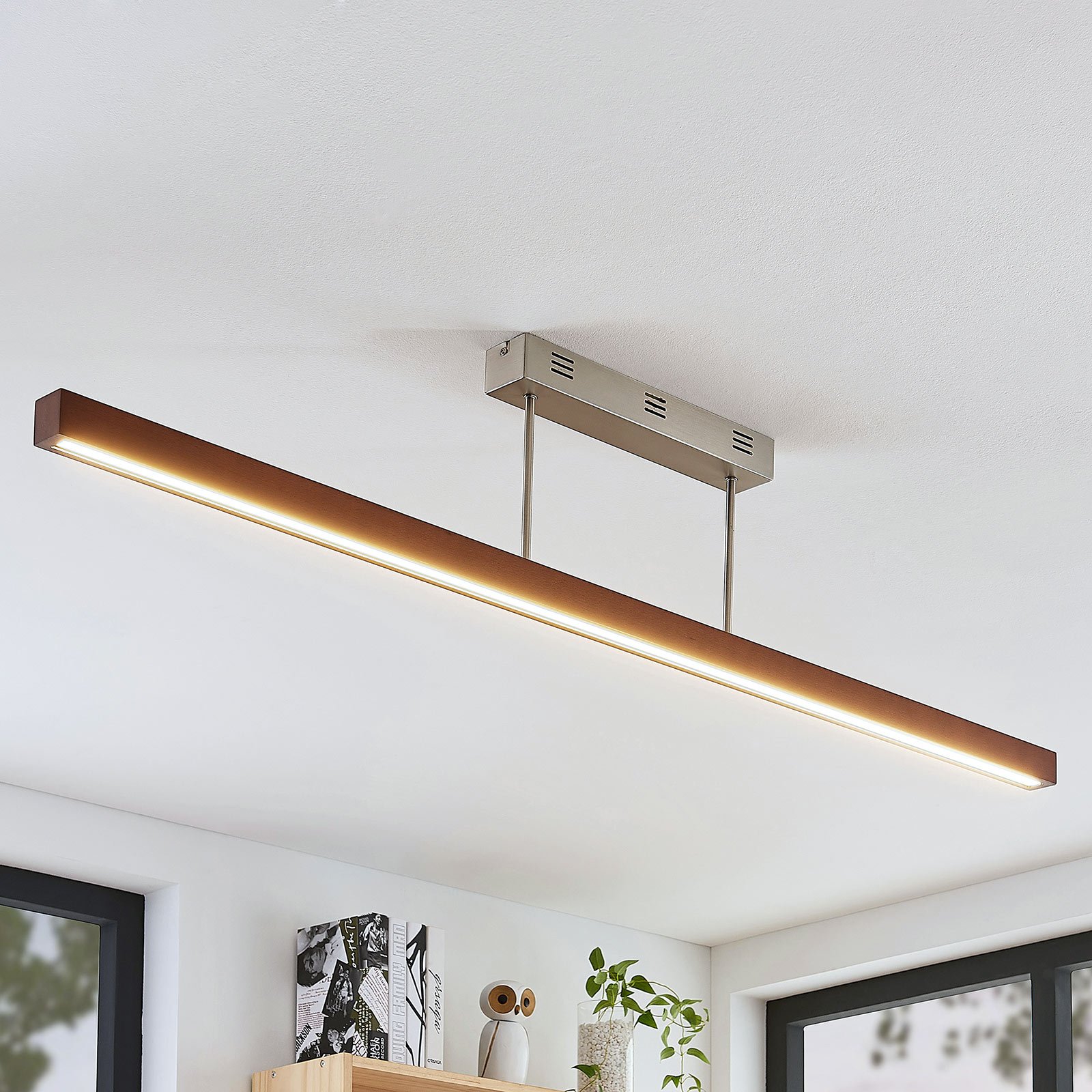 Lucande Wooden LED ceiling light Tamlin, dark brown 140 cm, for Living / Dining Room, wood, metal, 30 W, energy efficiency: A+, L: 140 cm, W: 4 cm, H: 26 cm