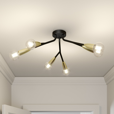 Lucande Carlea Deckenlampe, 6-fl. schwarz-messing