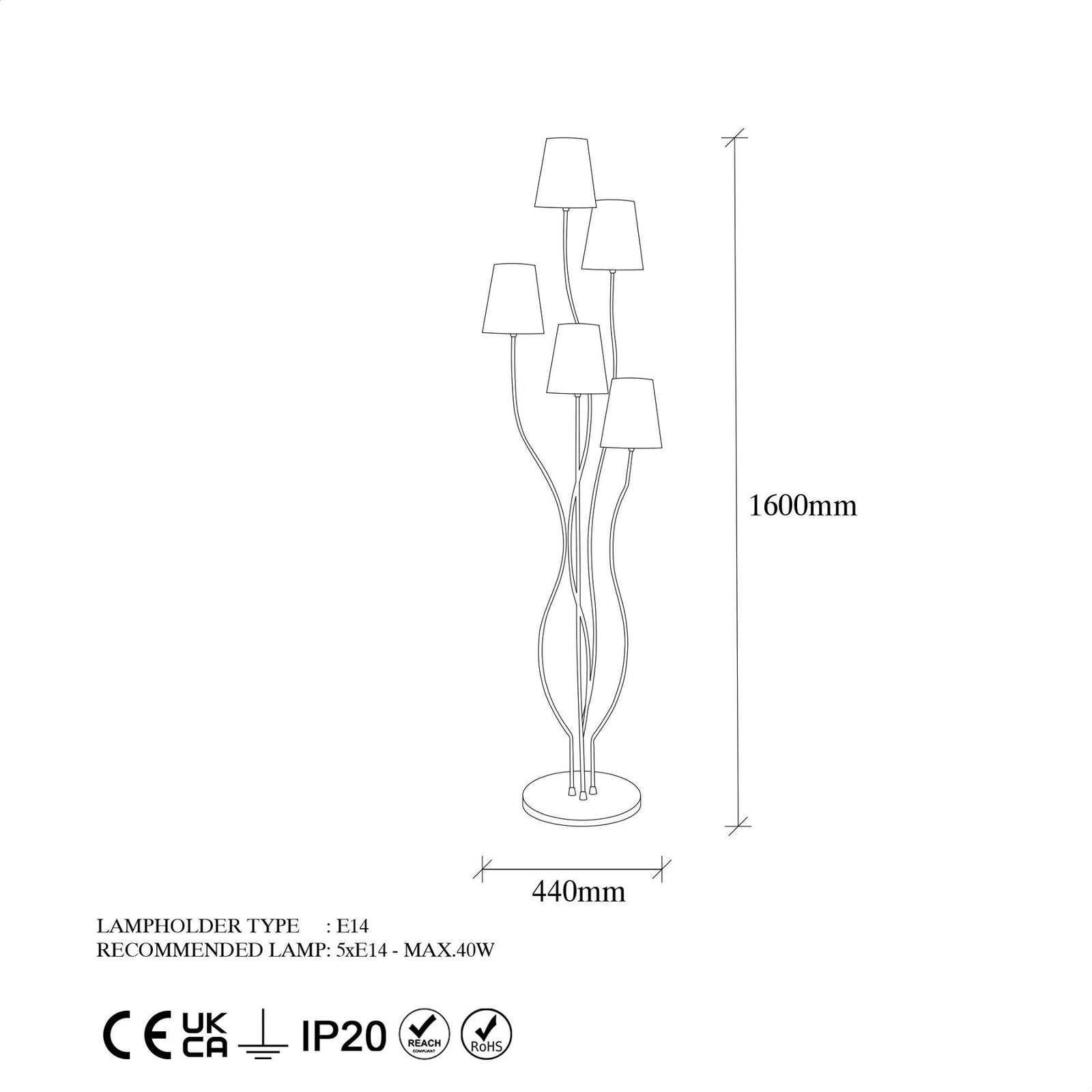 Lampada da terra Bonibon 13237 in metallo dorato altezza 160 cm a 5 luci.