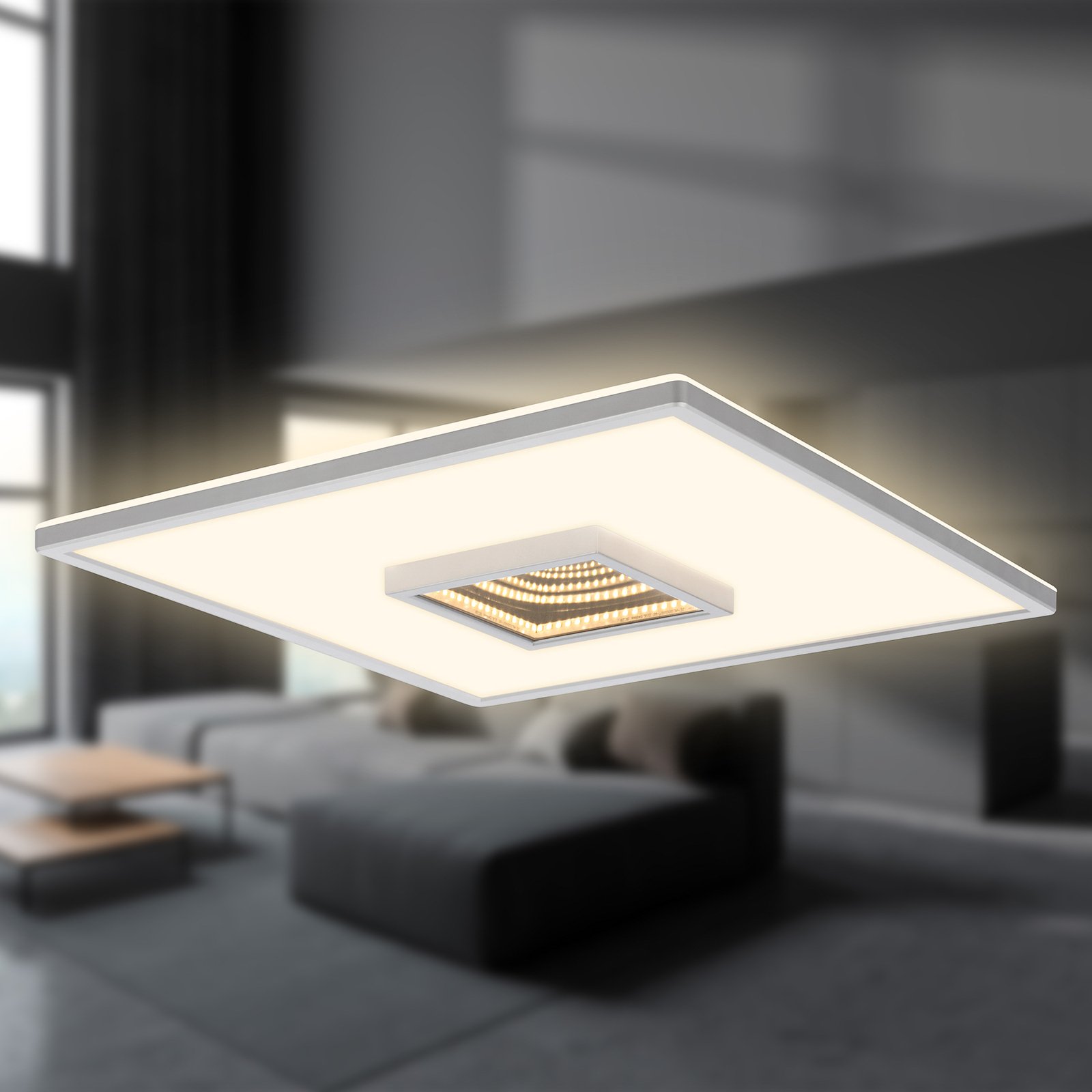 Toro LED ceiling light, matt chrome, 42x42 cm, plastic