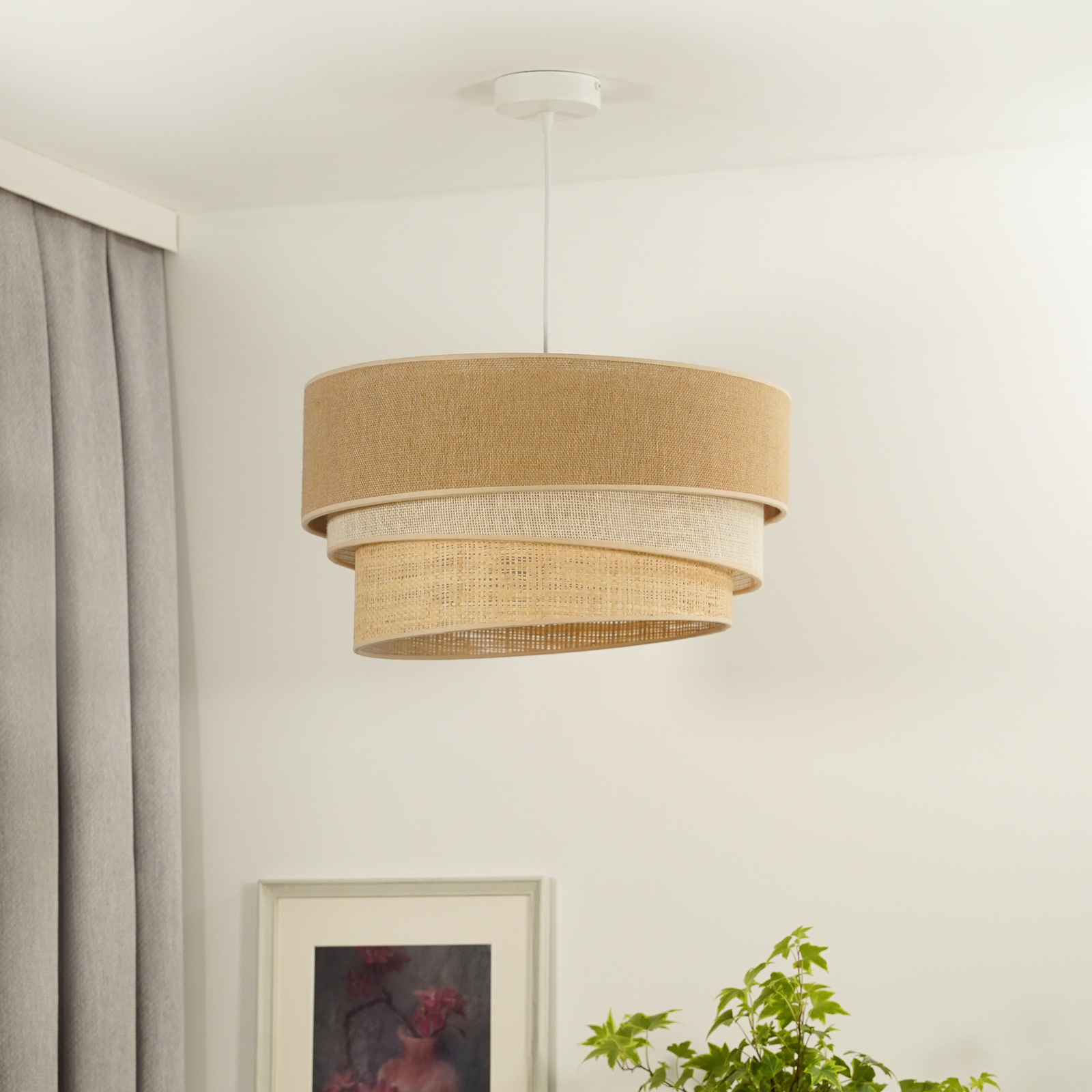 Viseća lampa Euluna Trio juta, prirodna smeđa/bijela/rafija, Ø 45 cm