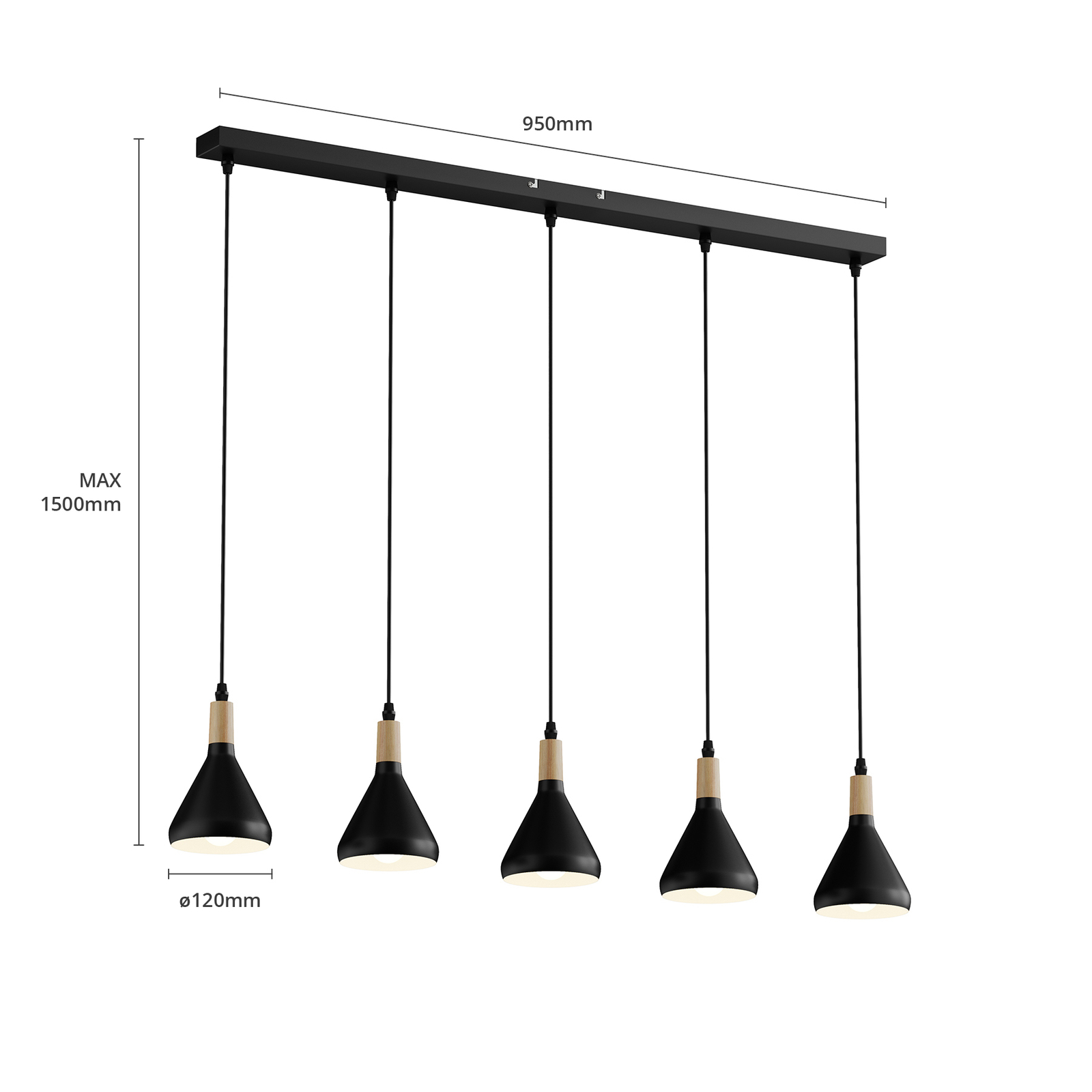 LED hanging light Arina with five black lampshades