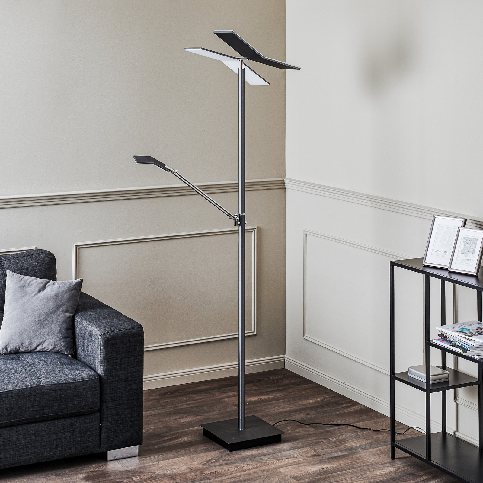 Lucande Kamari LED floor lamp, grey, reading arm