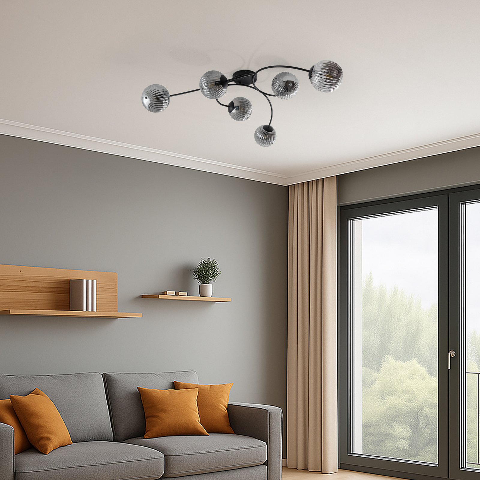 Vibra ceiling lamp, smoke grey/black, length 97 cm, 6-bulb.