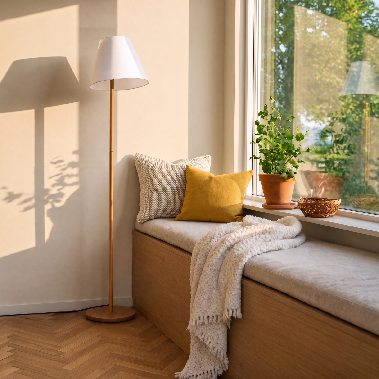 Lucande vloerlamp Jinda, wit, hout, stof, 160 cm, E27