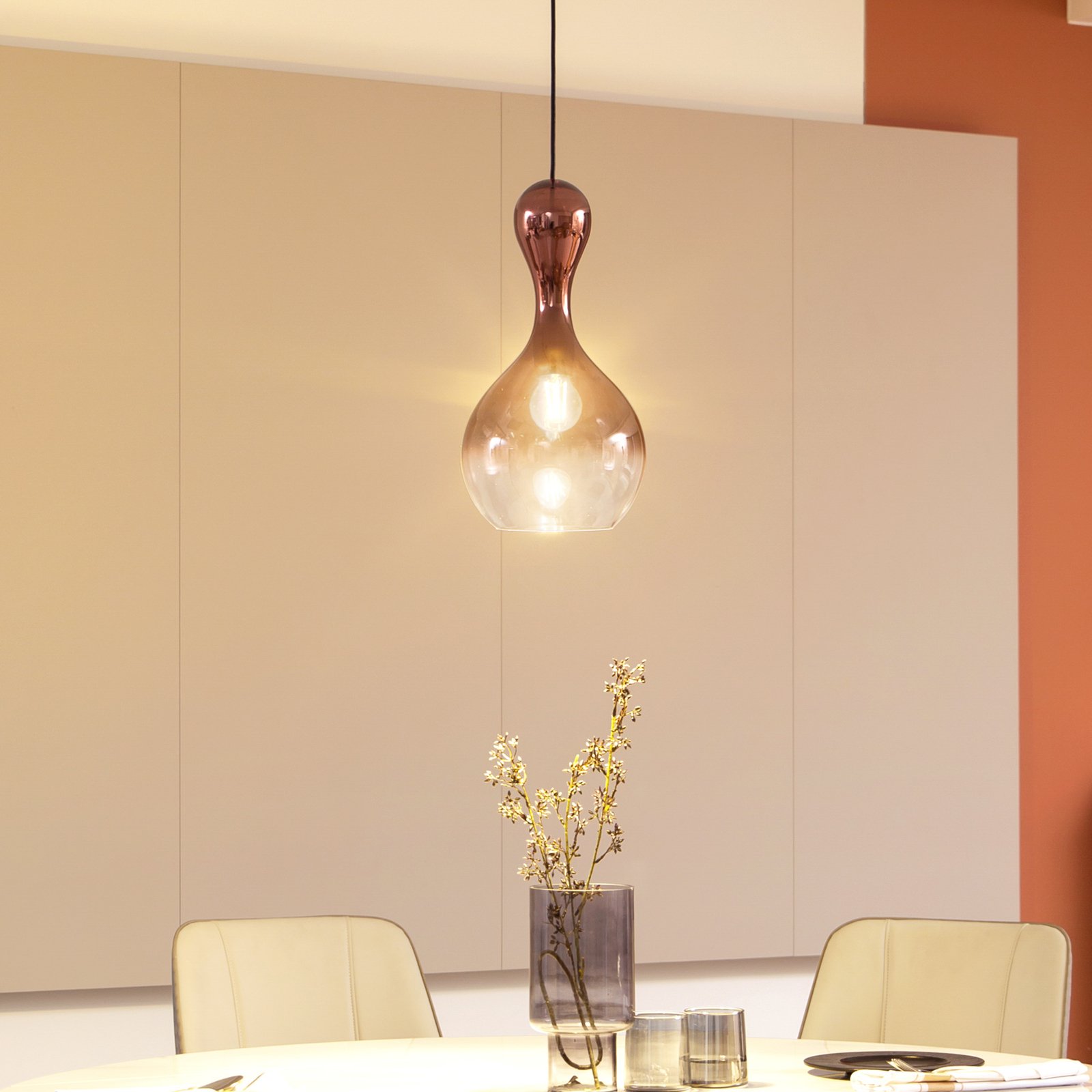 Lucande Lampe à suspendre Lyrisa, à 1 lampe, couleur cuivre, verre, 22cm