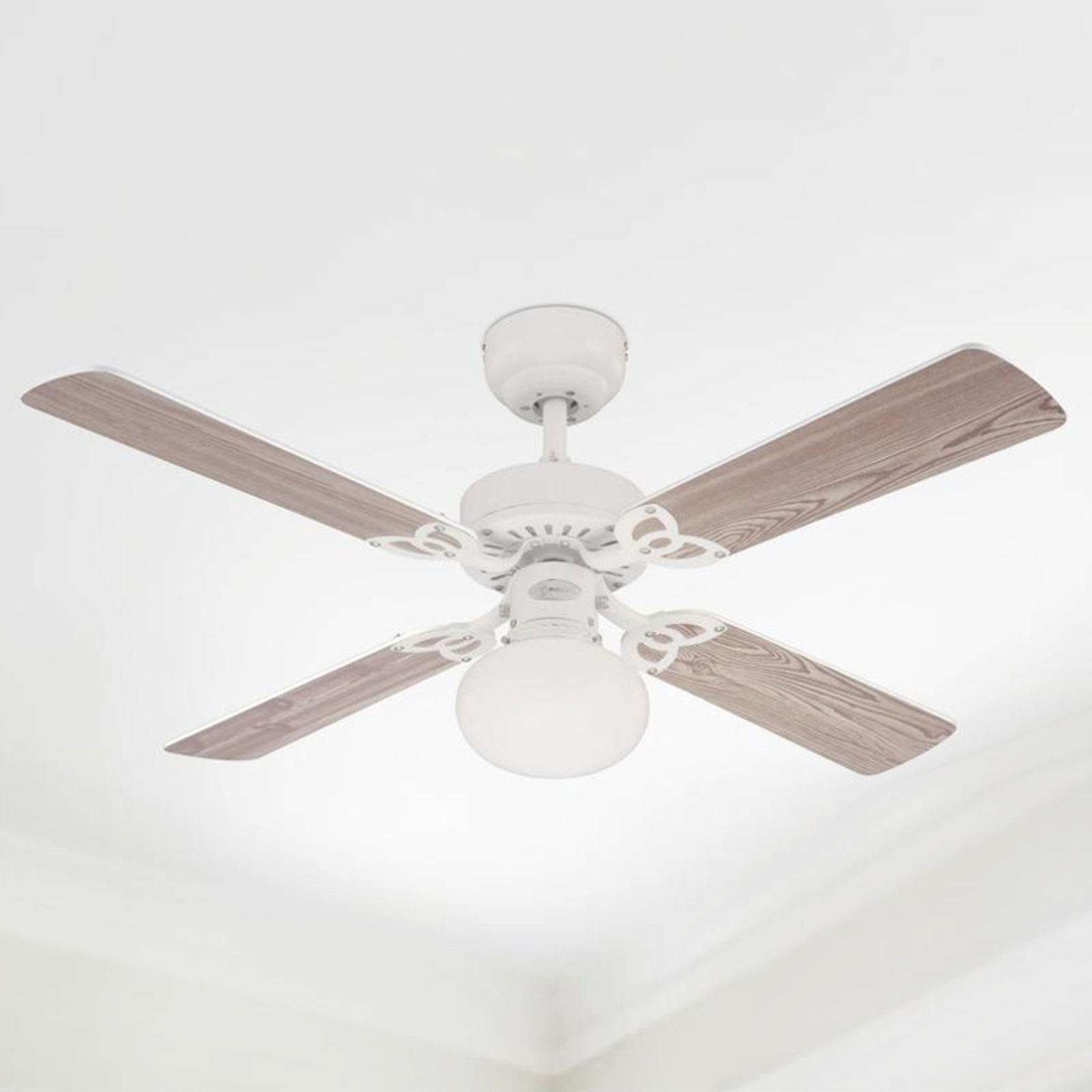 Vegas ceiling fan with light in white/pine Lights.co.uk