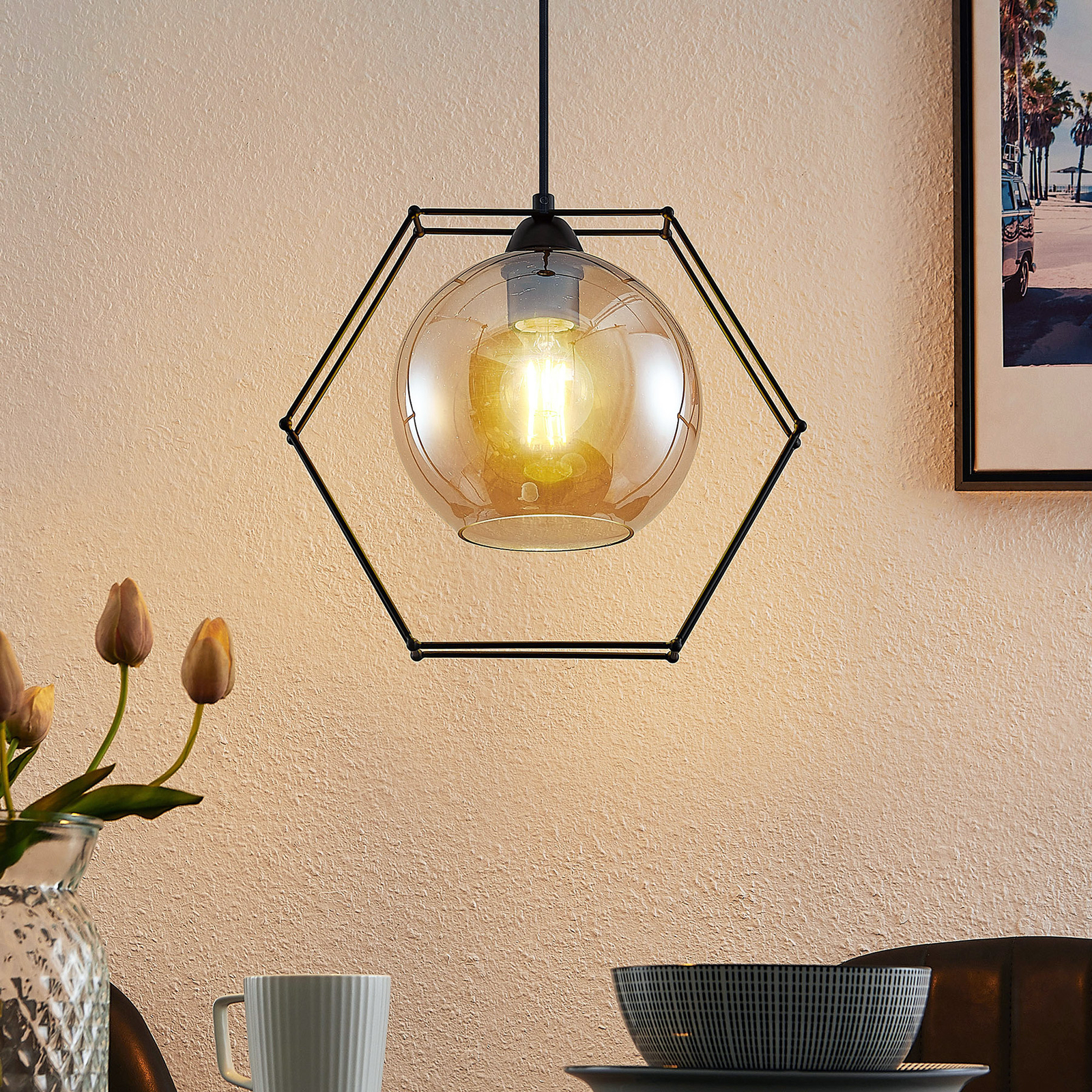 Lindby Dajanira suspension, à une lampe, ambre