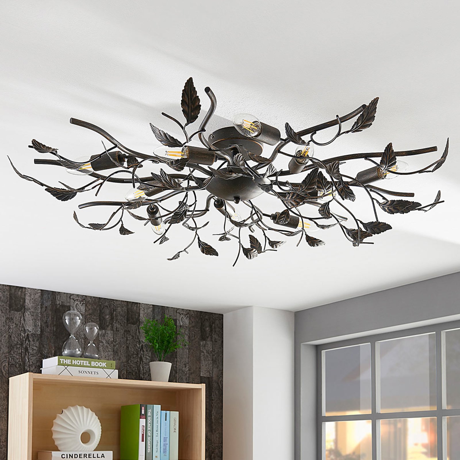 Lindby Deckenlampe Yos, 10-flg., 95 cm, schwarz-kupfer, E14