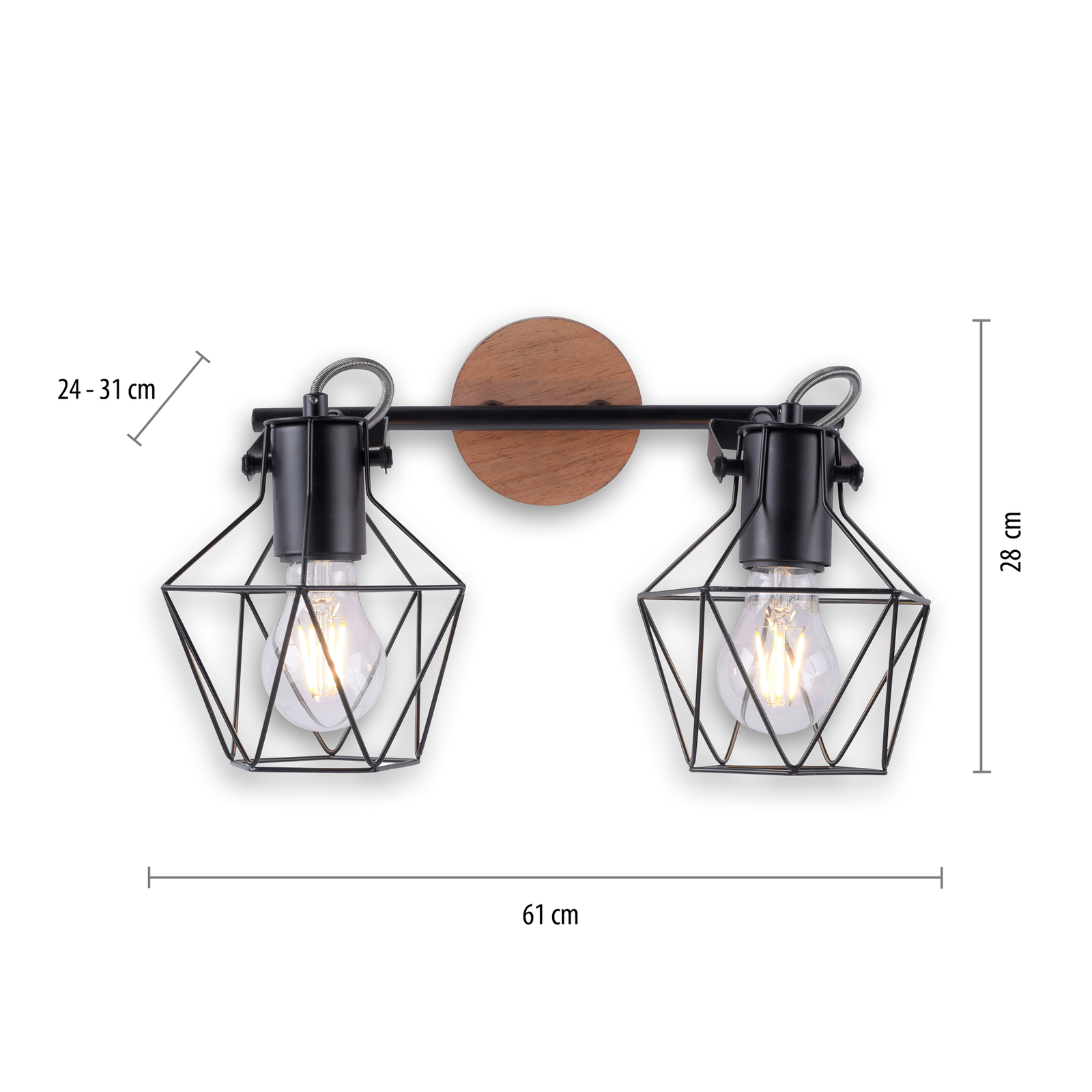 Plafonnier Jaro réglable noir/bois à 2 lampes