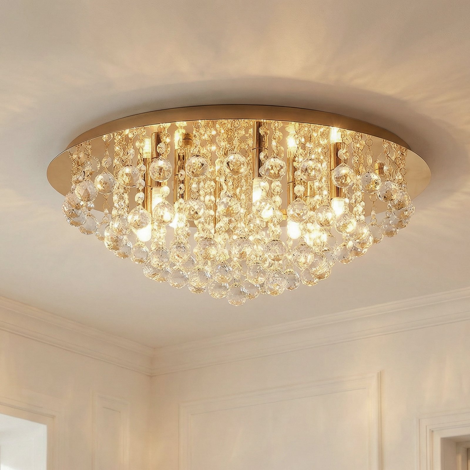 Lindby plafondlamp Gillion, 8-lamps, goud, kristal, Ø 55cm