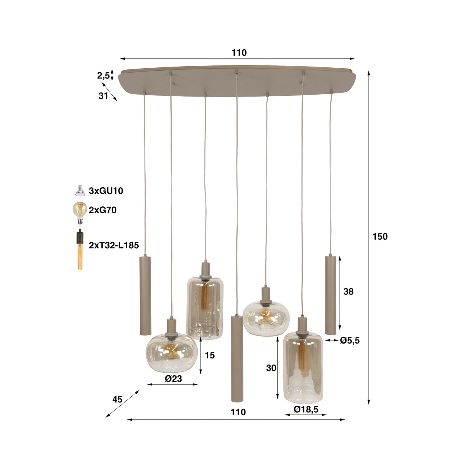 Pendelleuchte Serene, beige, Glas, 7-flammig, E27, GU10 Pendelleuchte Serene, beige, Glas, 7-flammig, E27, GU10