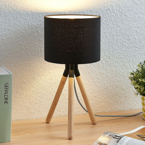 Dreibein-Stofftischlampe Claira, rund, schwarz