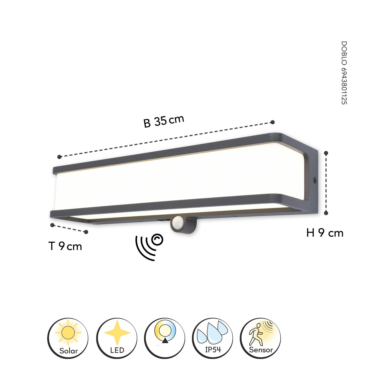 LED solar wall light Doblo with sensor, width 35cm