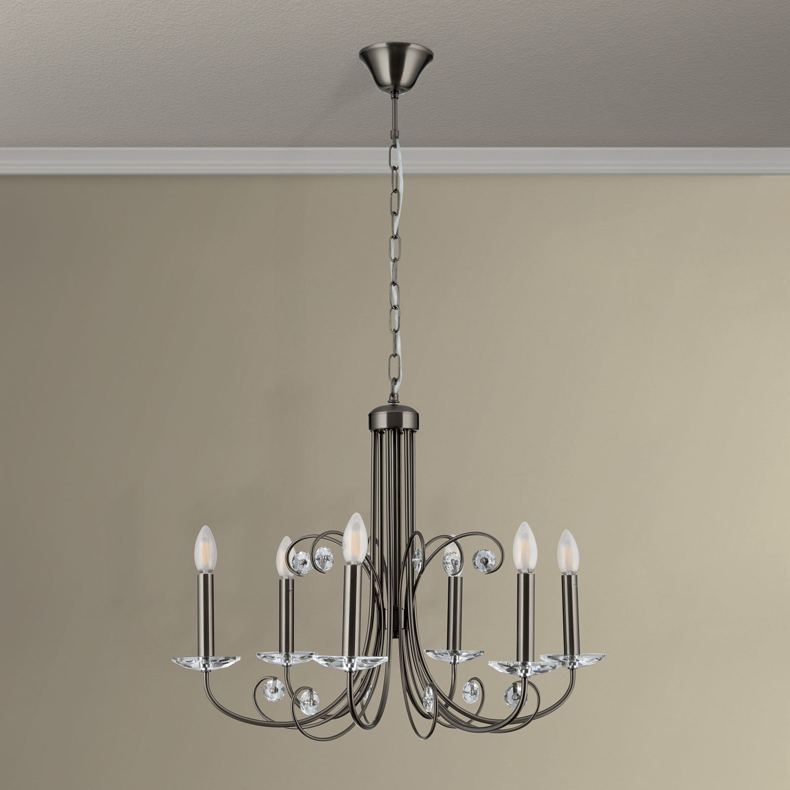 Ariane chandelier, nickel, Ø 67.5 cm, crystal, 6-bulb.