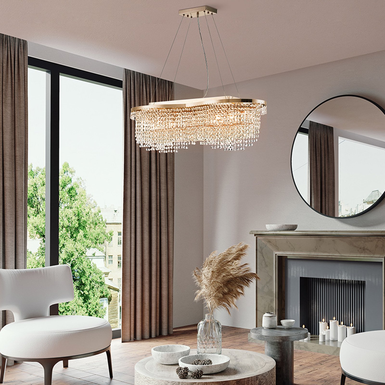 Maytoni pendant light Toils, gold-coloured, crystals, 7 x E14