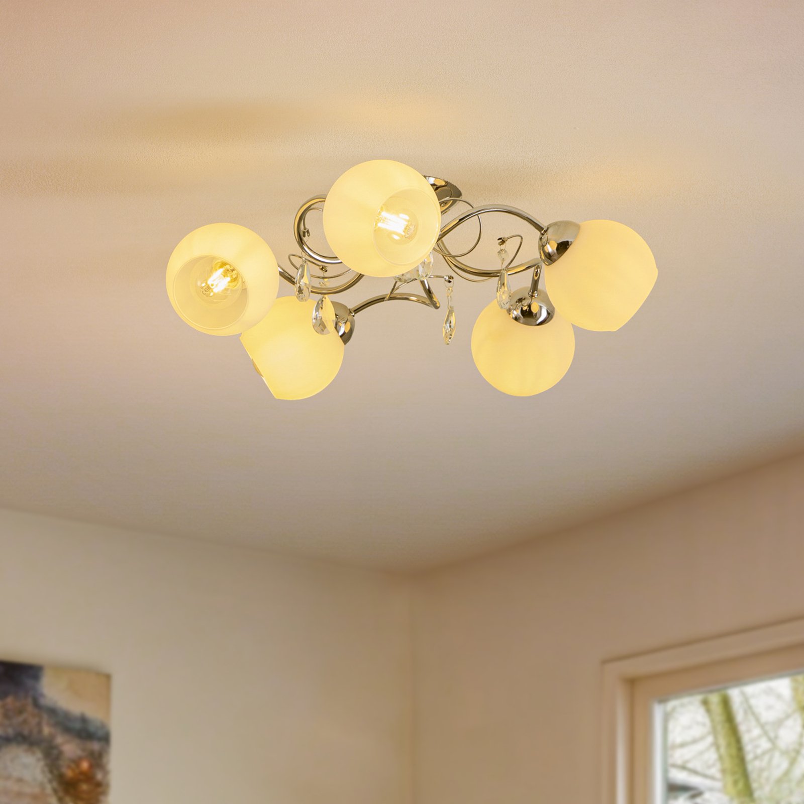 Candeeiro de teto Livia Pro, cromado/branco, cinco lâmpadas