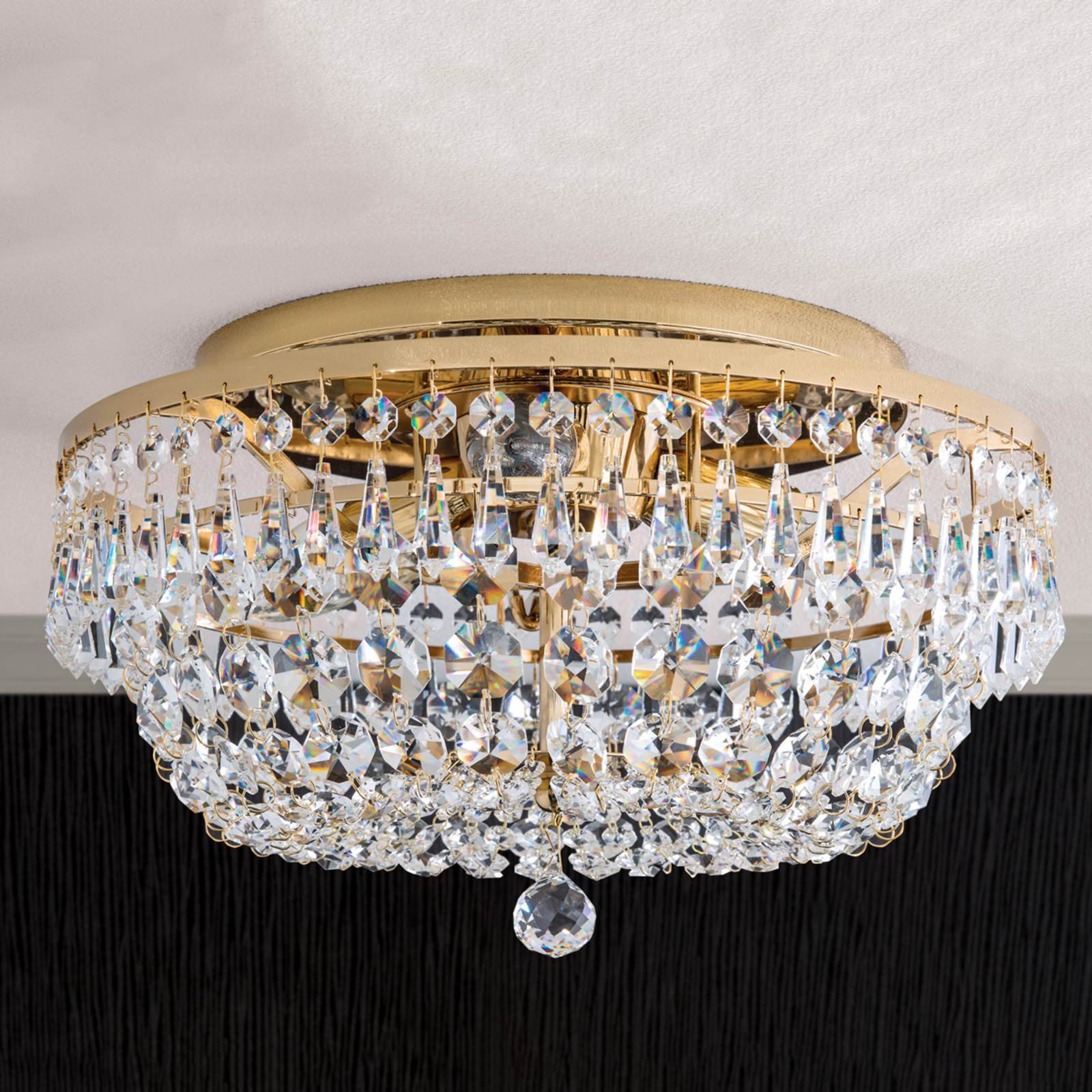 Kristallen plafondlamp SHERATA rond, goud, 35 cm