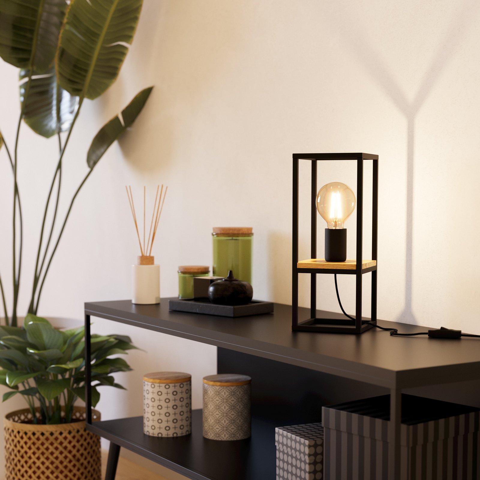 Stolna lampa Libertad, visina 35 cm, crna/drvo, čelik