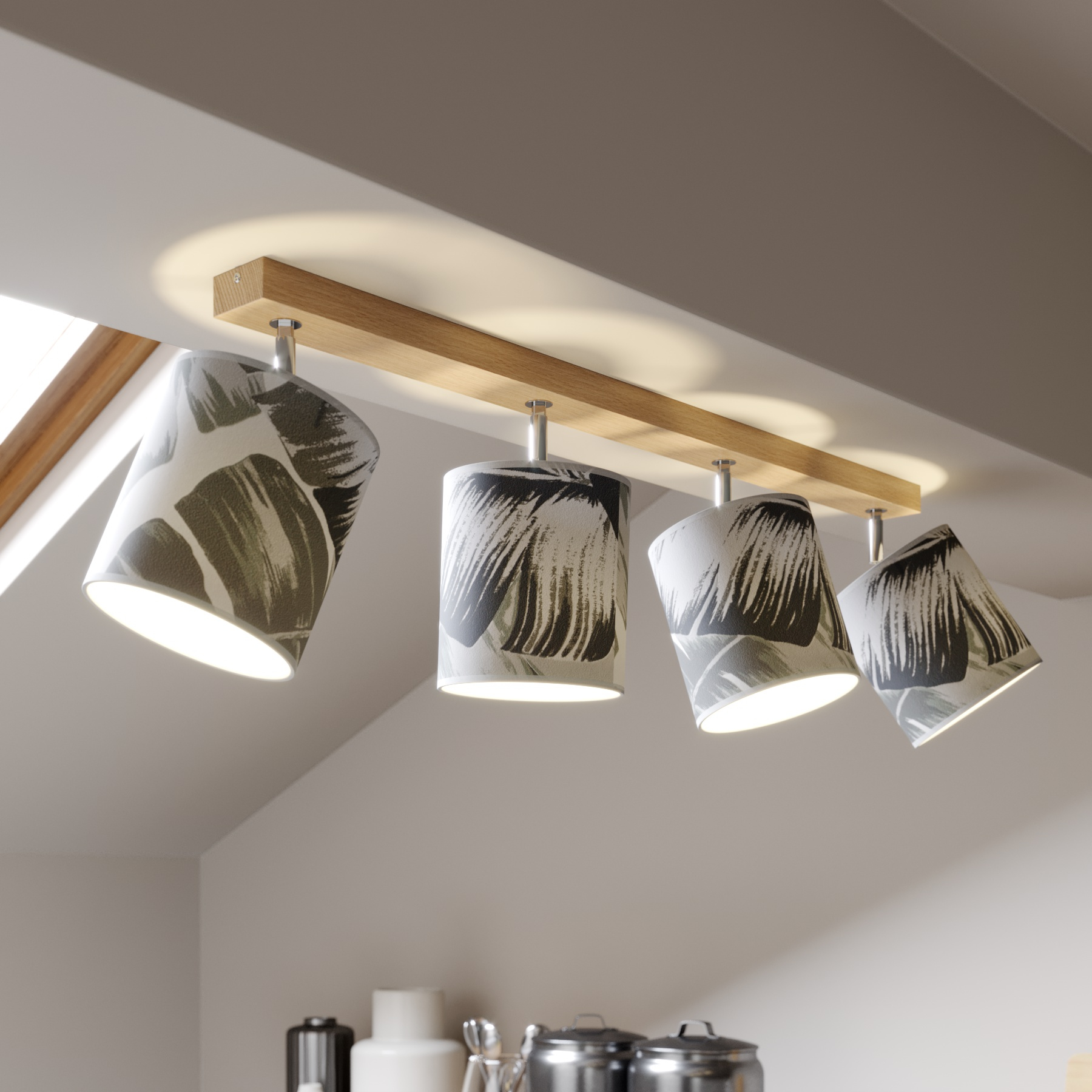 BRITOP Madera downlight, 4-bulb, for Living / Dining Room, wallpaper, oak wood, metal, E27, 25 W, energy efficiency: A++, L: 75 cm