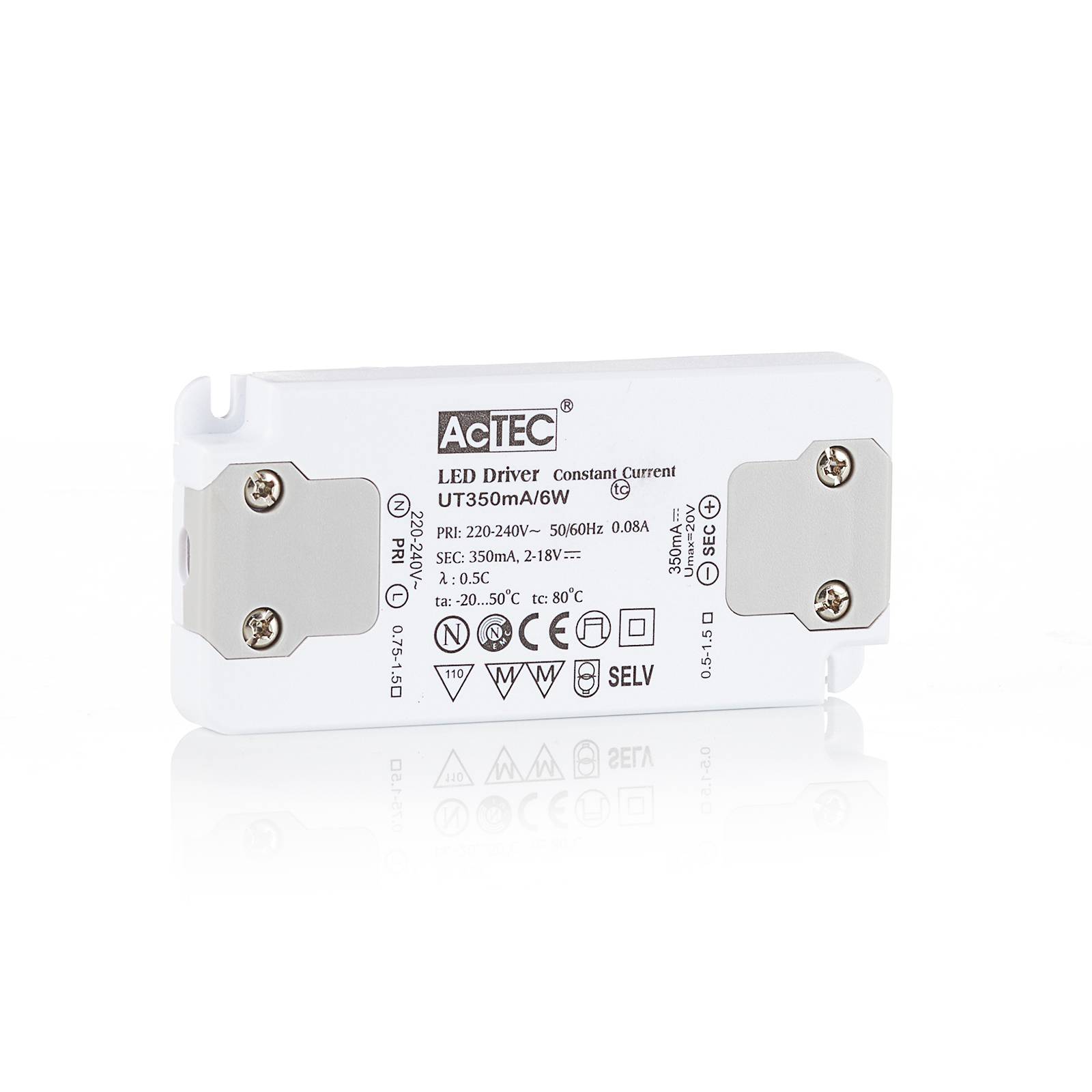 AcTEC Slim LED driver CC 350mA, 6W, plastic, L: 9.8 cm, W: 4.6 cm, H: 1.1 cm
