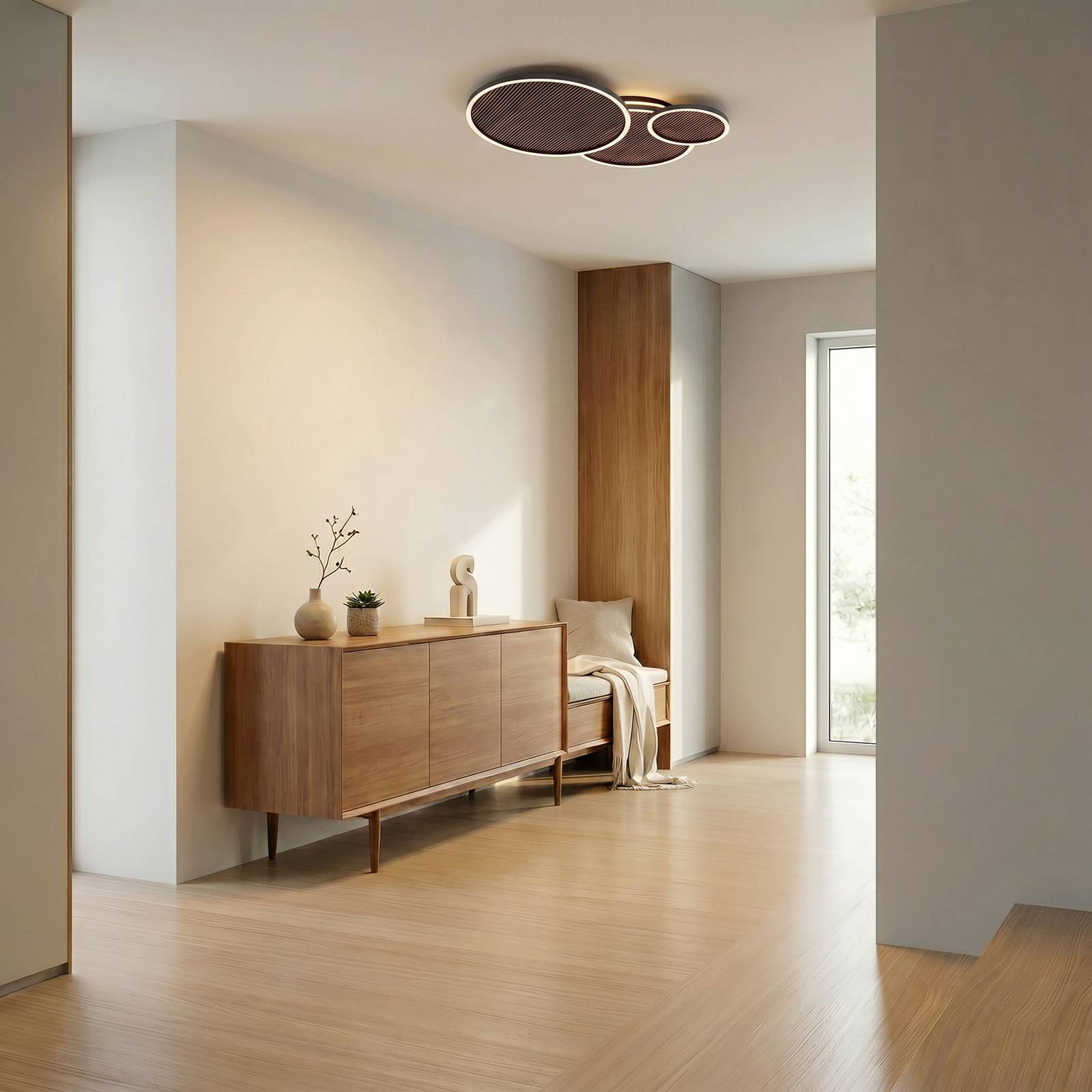 Lucande LED plafondlamp Orven, zwart/hout, 80 cm, dimbaar