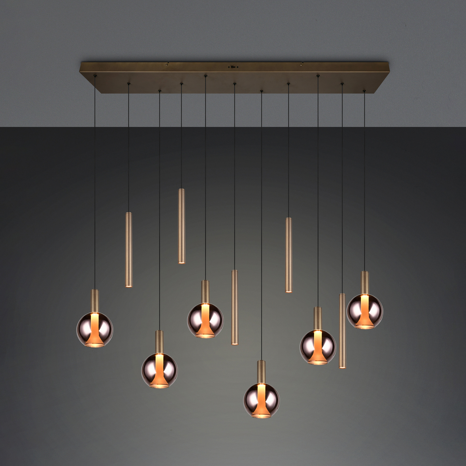 LED висяща лампа „Меларо“, 120 см, платинен цвят, метал/стъкло, 11-лампова