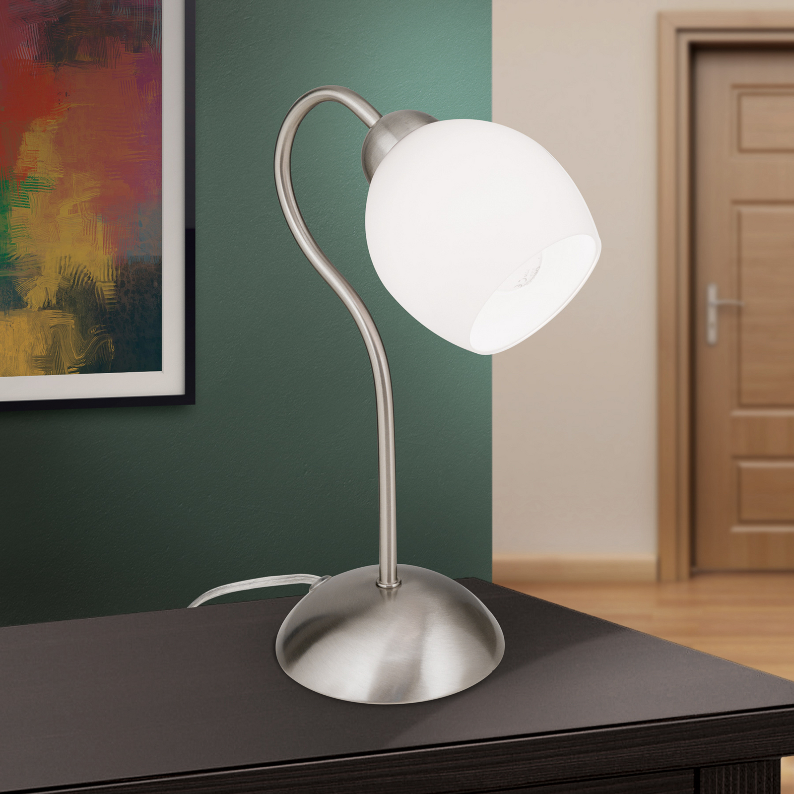 Lampe à poser Doma, nickel satiné, hauteur 30 cm, verre