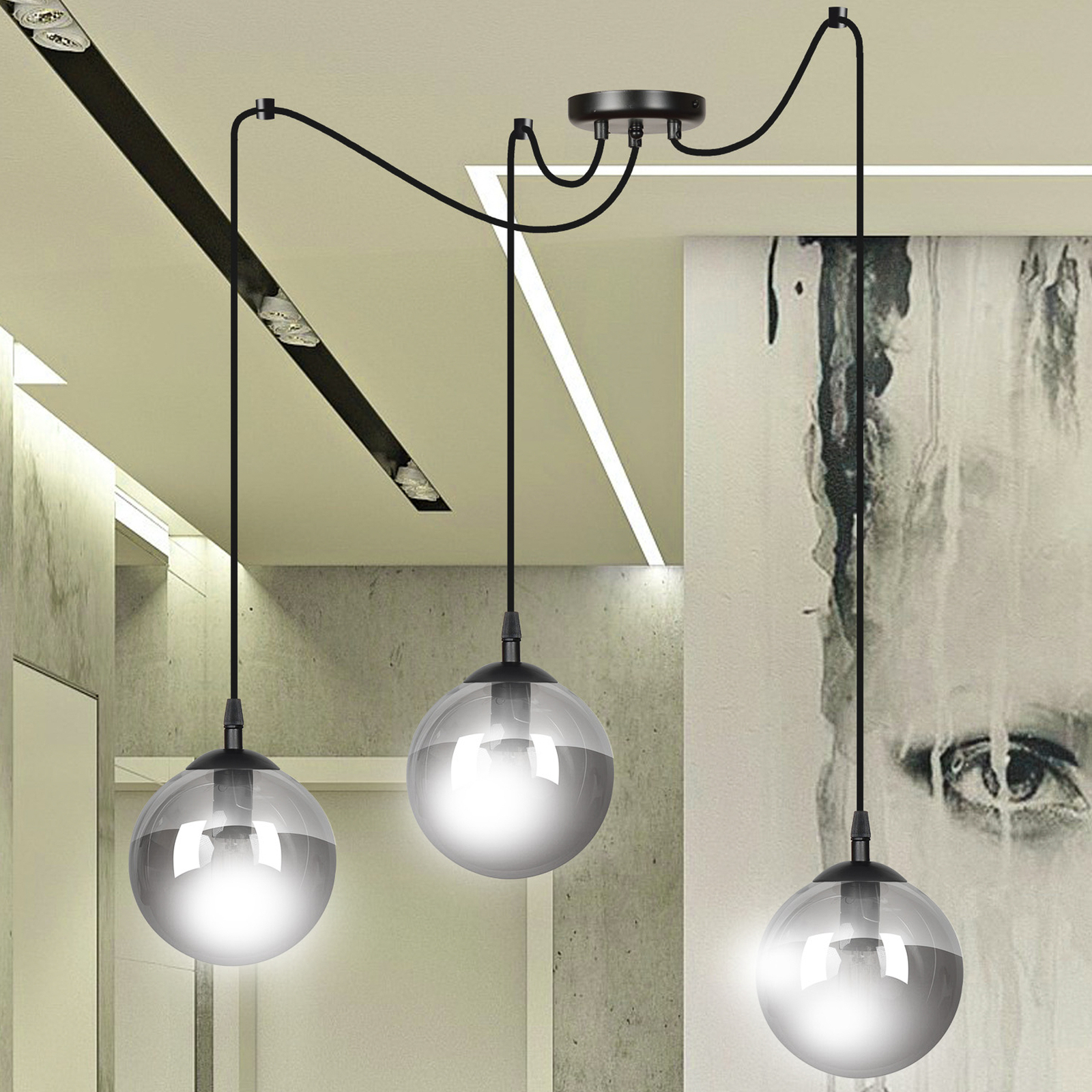 Colgante Glassy 3 luces descentrado vidrio grafito