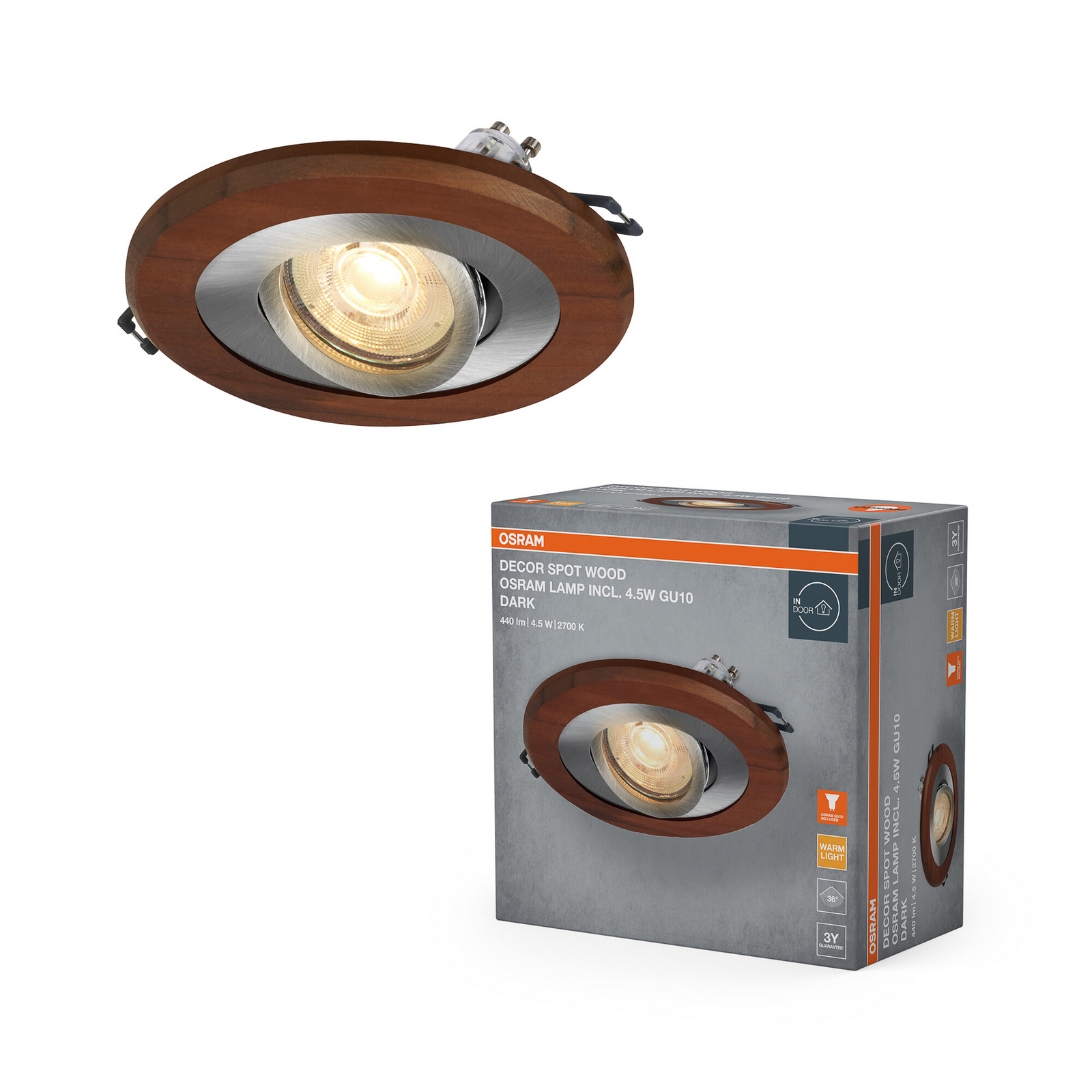 OSRAM iebūvējamais prožektors, tumšs koks/nikelis, Ø 12 cm, GU10-LED OSRAM iebūvējamais prožektors, tumšs koks/nikelis, Ø 12 cm, GU10-LED