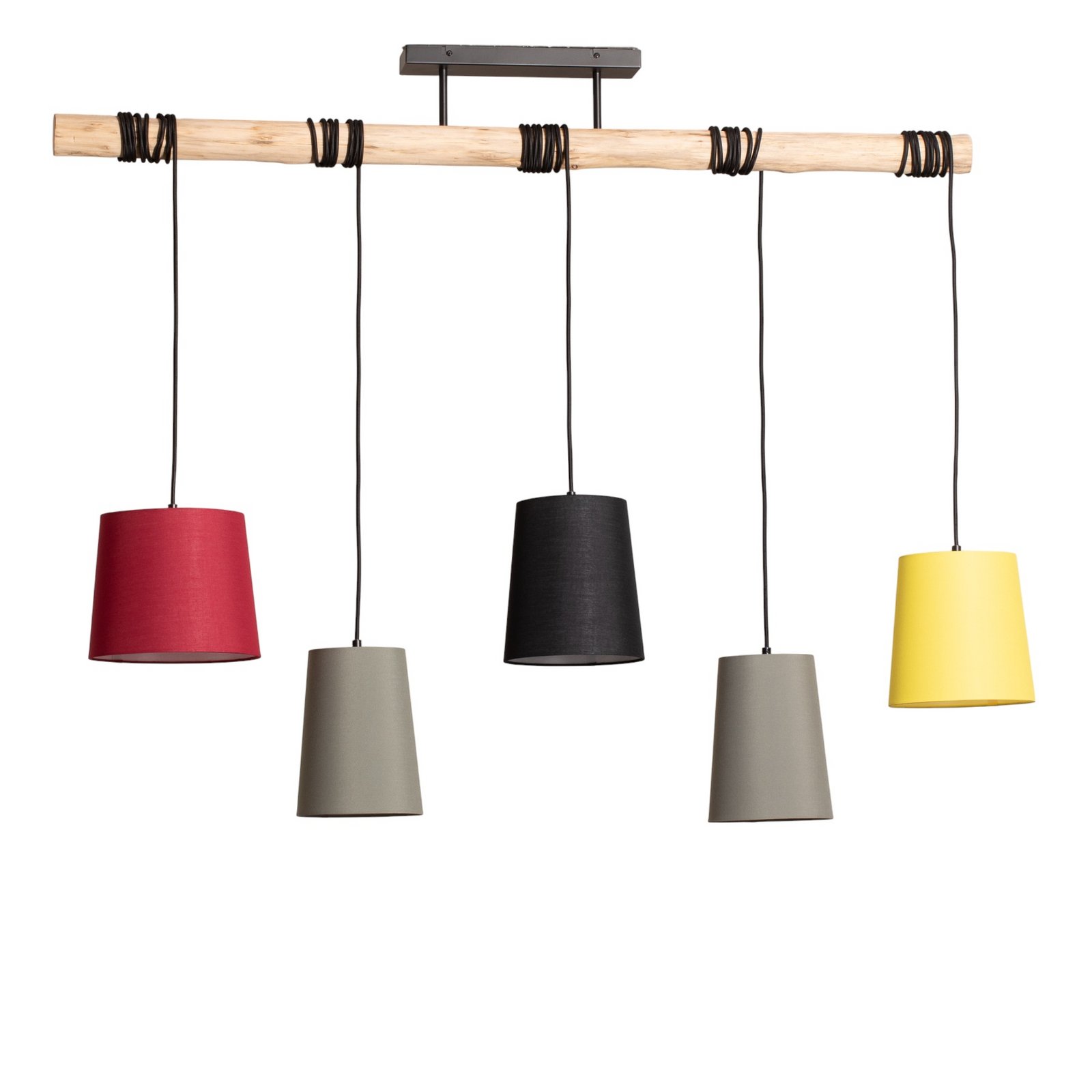 Lindby suspension Amilia, tissu, à 5 lampes, rouge/gris/jaune, E27