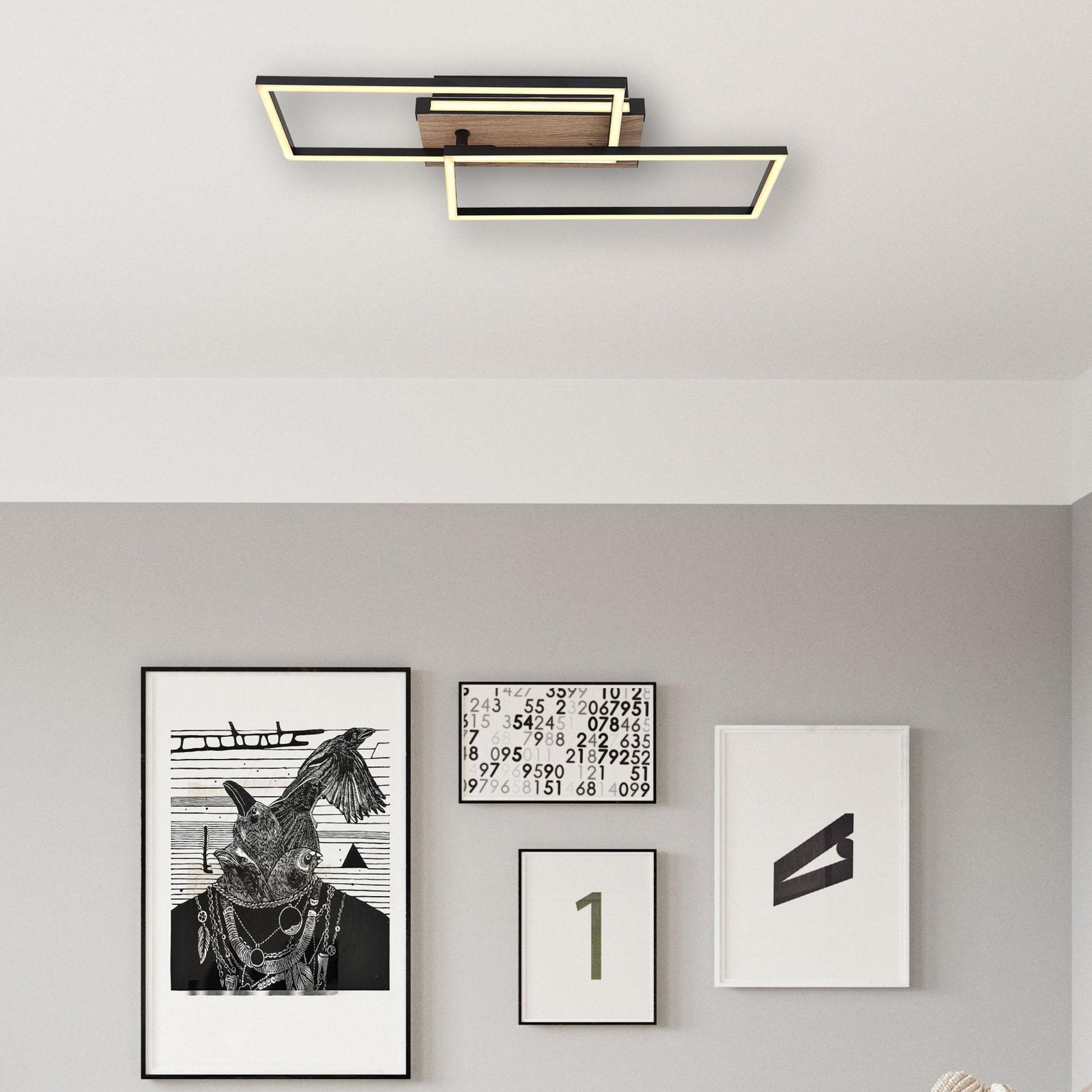 Candeeiro de teto Colli LED, largura 49 cm, madeira escura, madeira
