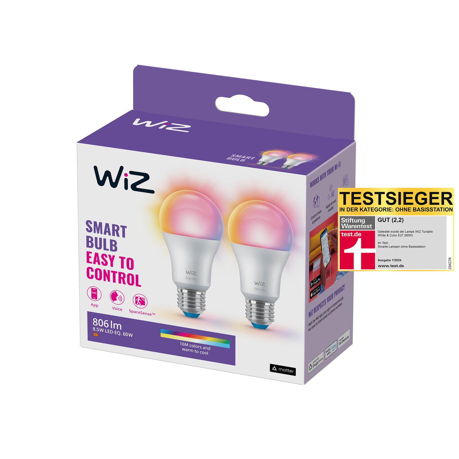 Lichtbronnen Smart Color 8,5W 806lm 2200-6500K RGB 2-pack E27 - WiZ