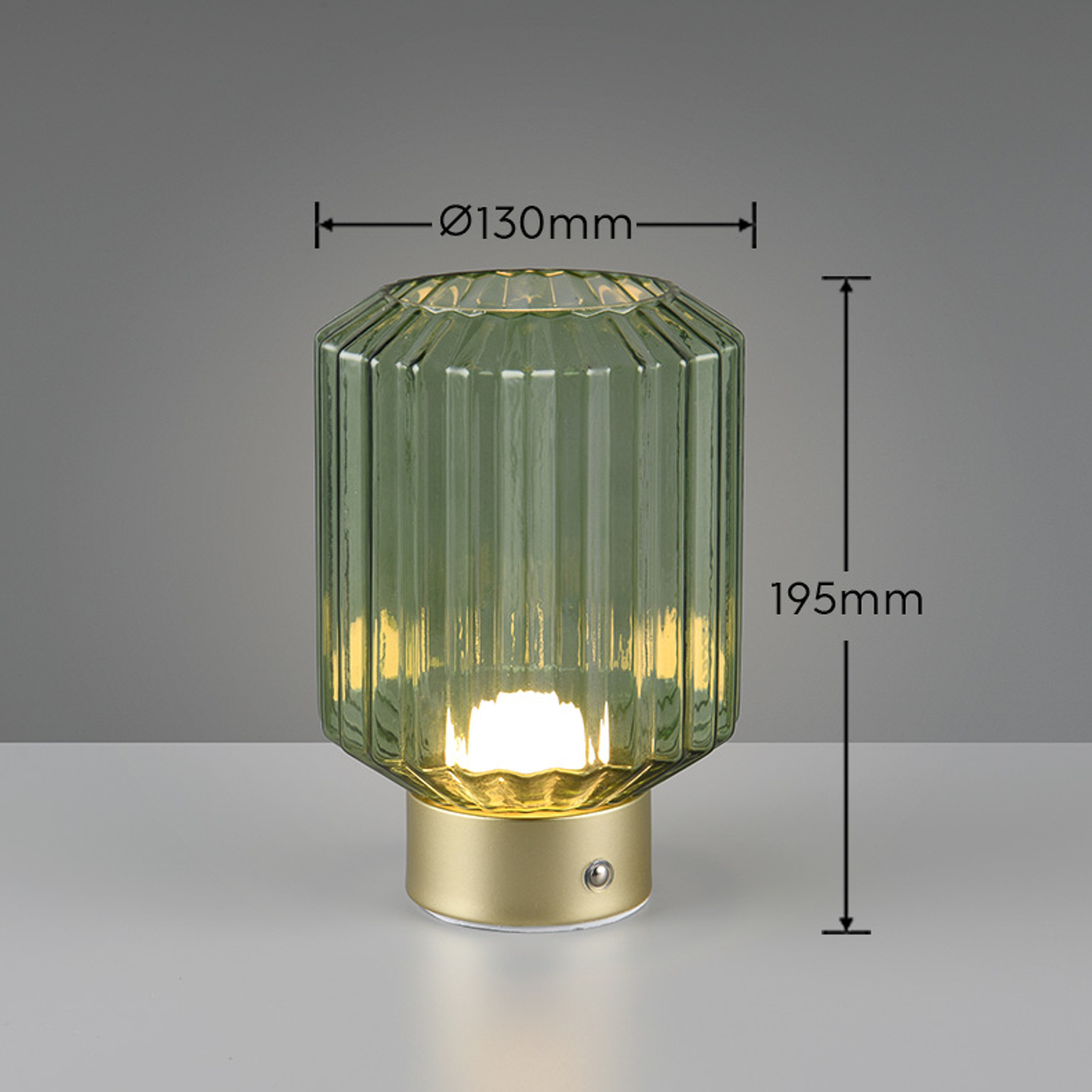 Lord lámpara de mesa LED recargable, latón/verde, altura 19,5 cm, cristal