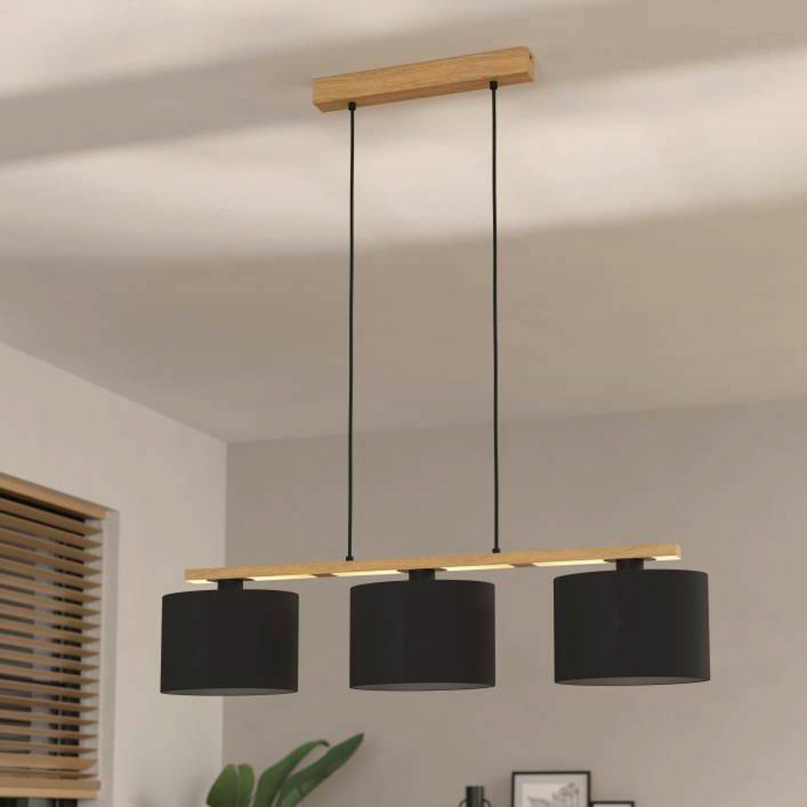 Castralvo lámpara colgante, longitud 97,5 cm, negro, 3 luces, tela