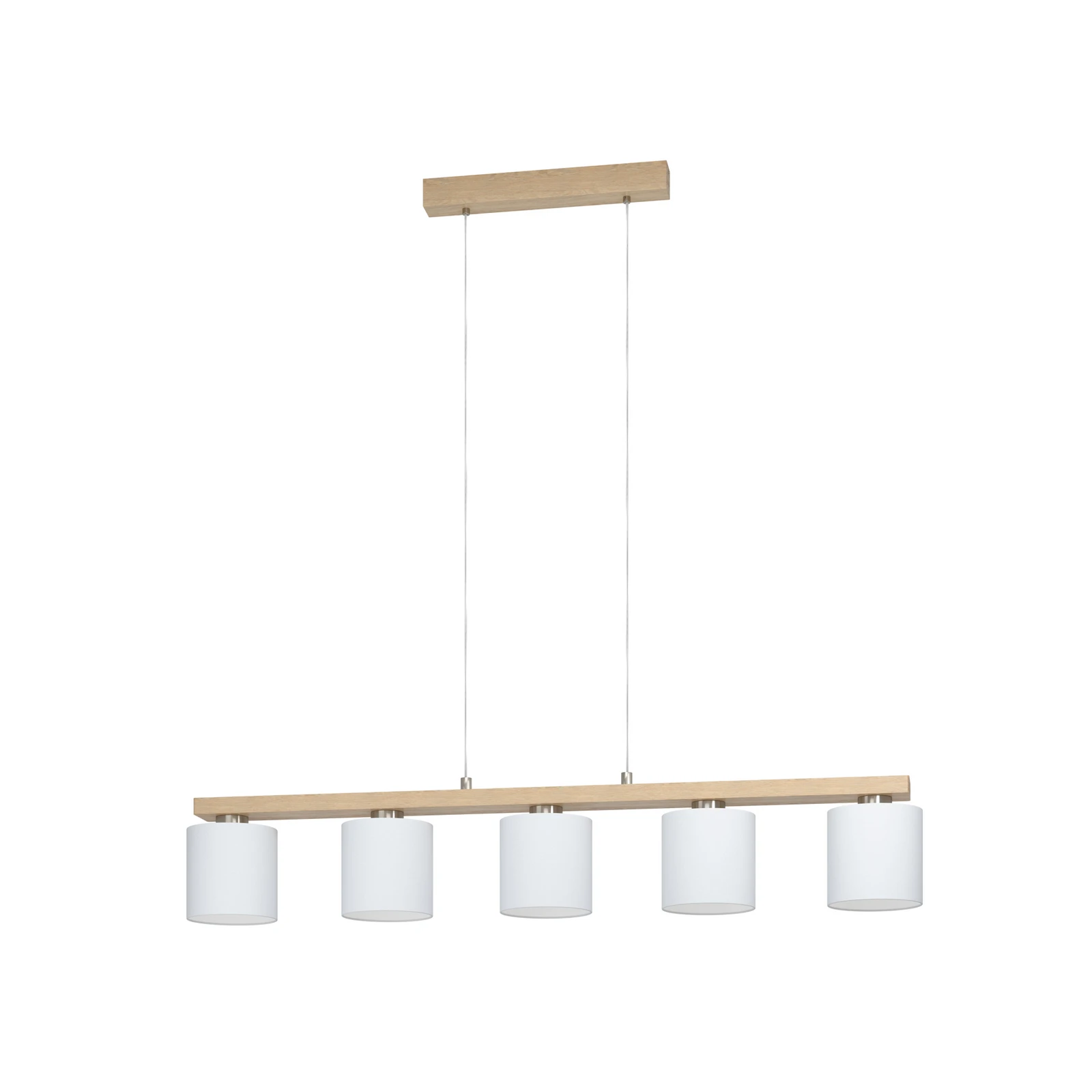 Castralvo hänglampa, längd 115 cm, trä/vit, 5 lampor, tyg
